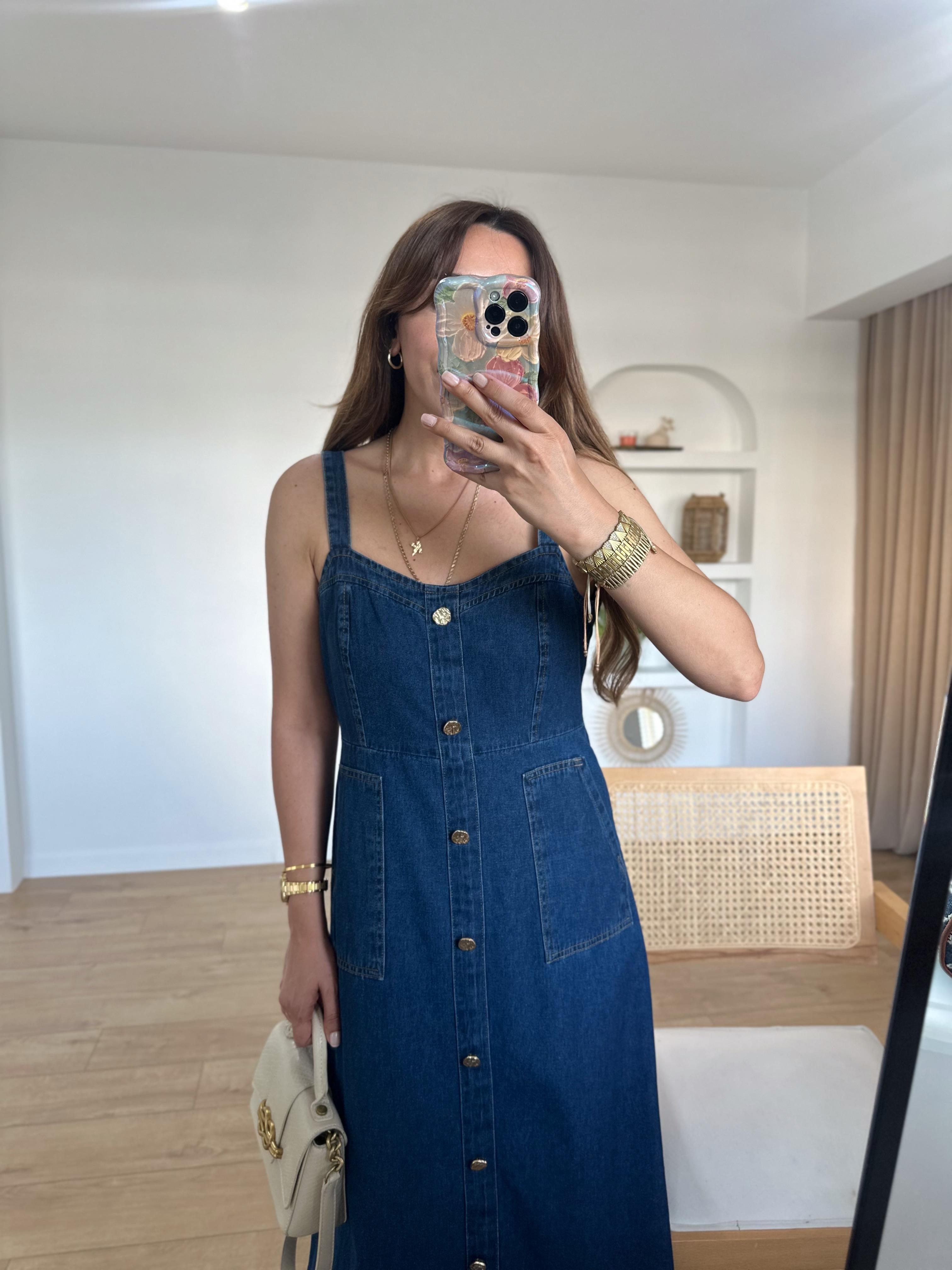 LACİVERT PREMIUM DÜĞMELİ ASKILI JEAN ELBİSE