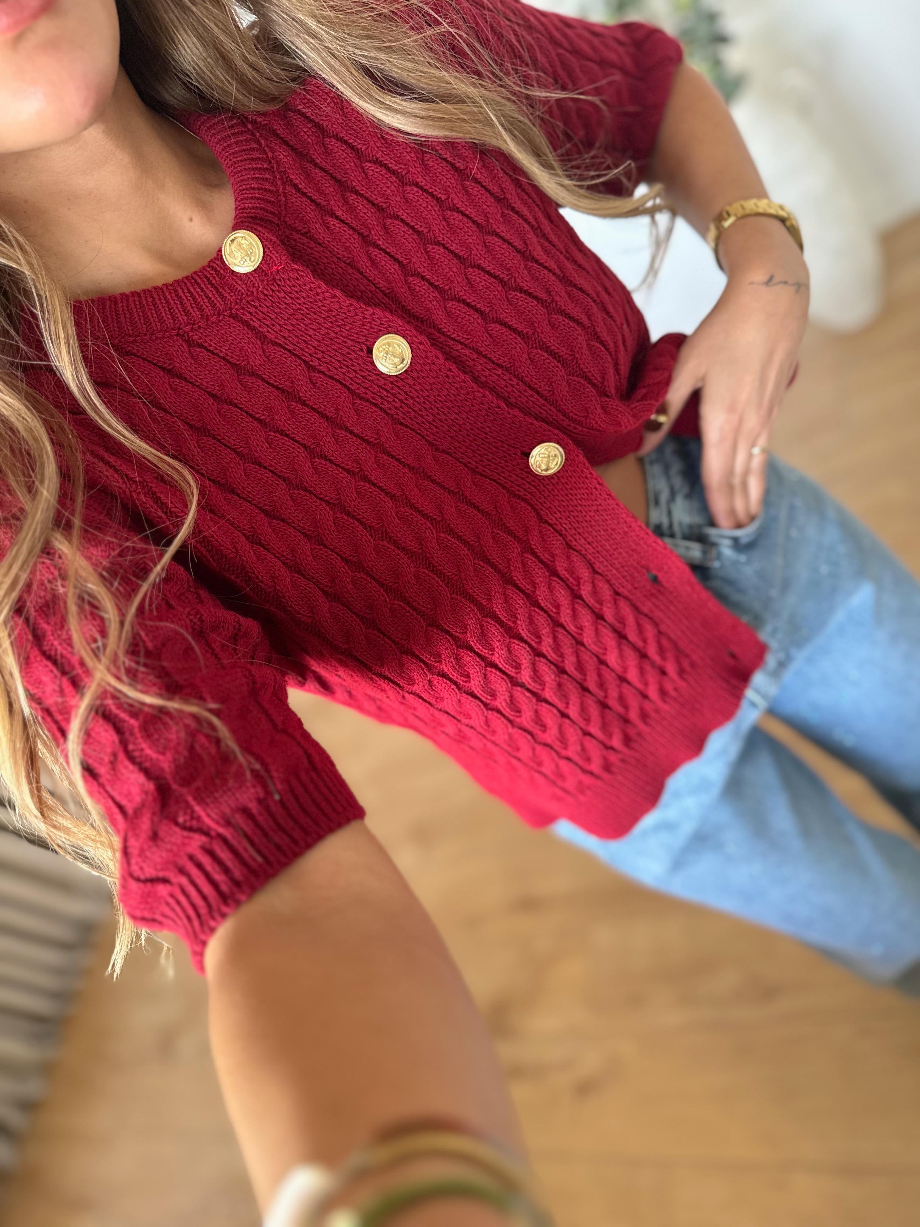 Low 0147 Saç Örgülü Bordo Triko Hırka