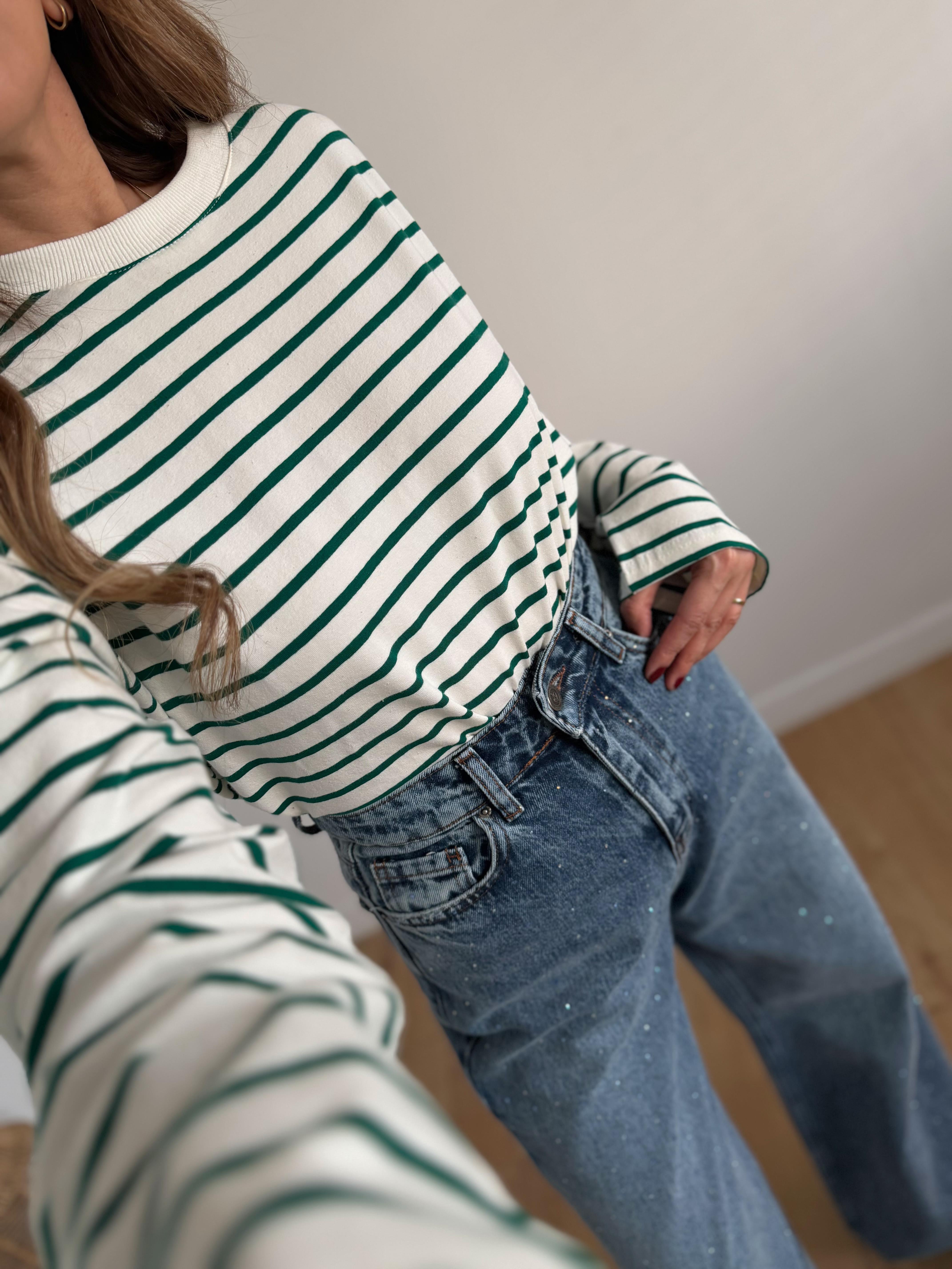 Low 0193 Yeşil Çizgili Uzun Kol Sweatshirt