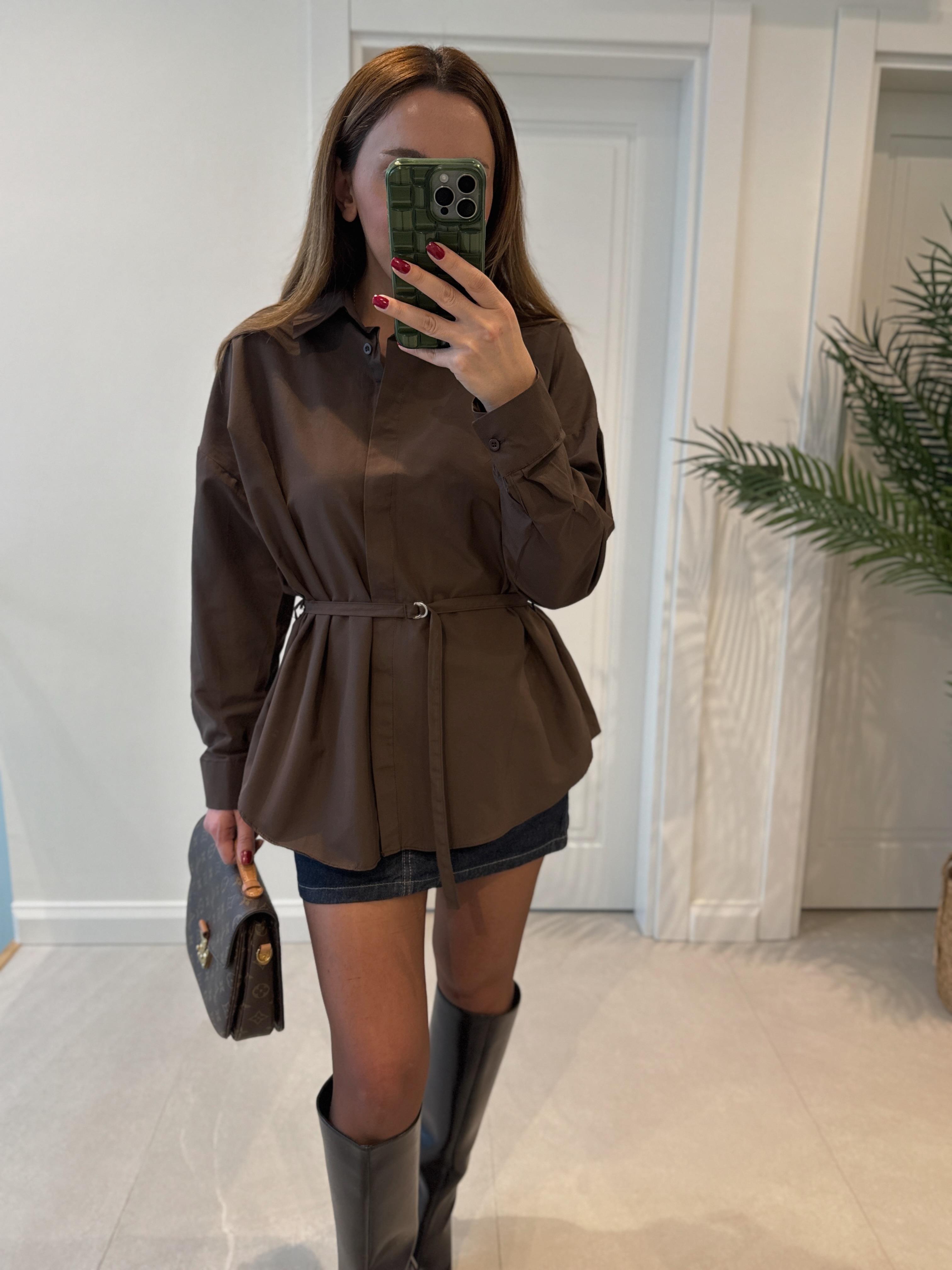 Low 0350 Kemerli Poplin Acı Kahve Gömlek