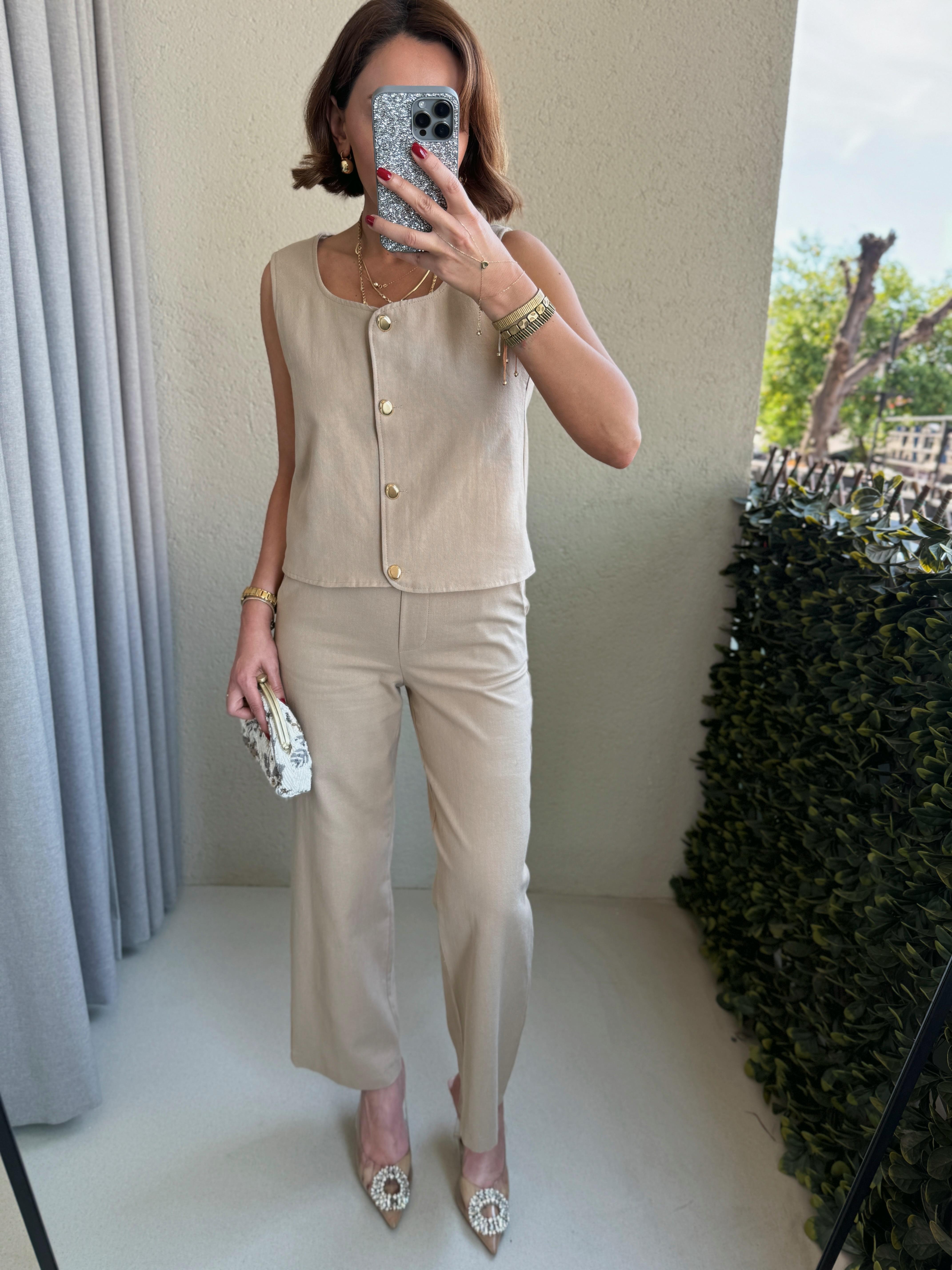 Low 7134 Gold Düğmeli  Taş Yelek Pantolon Takım