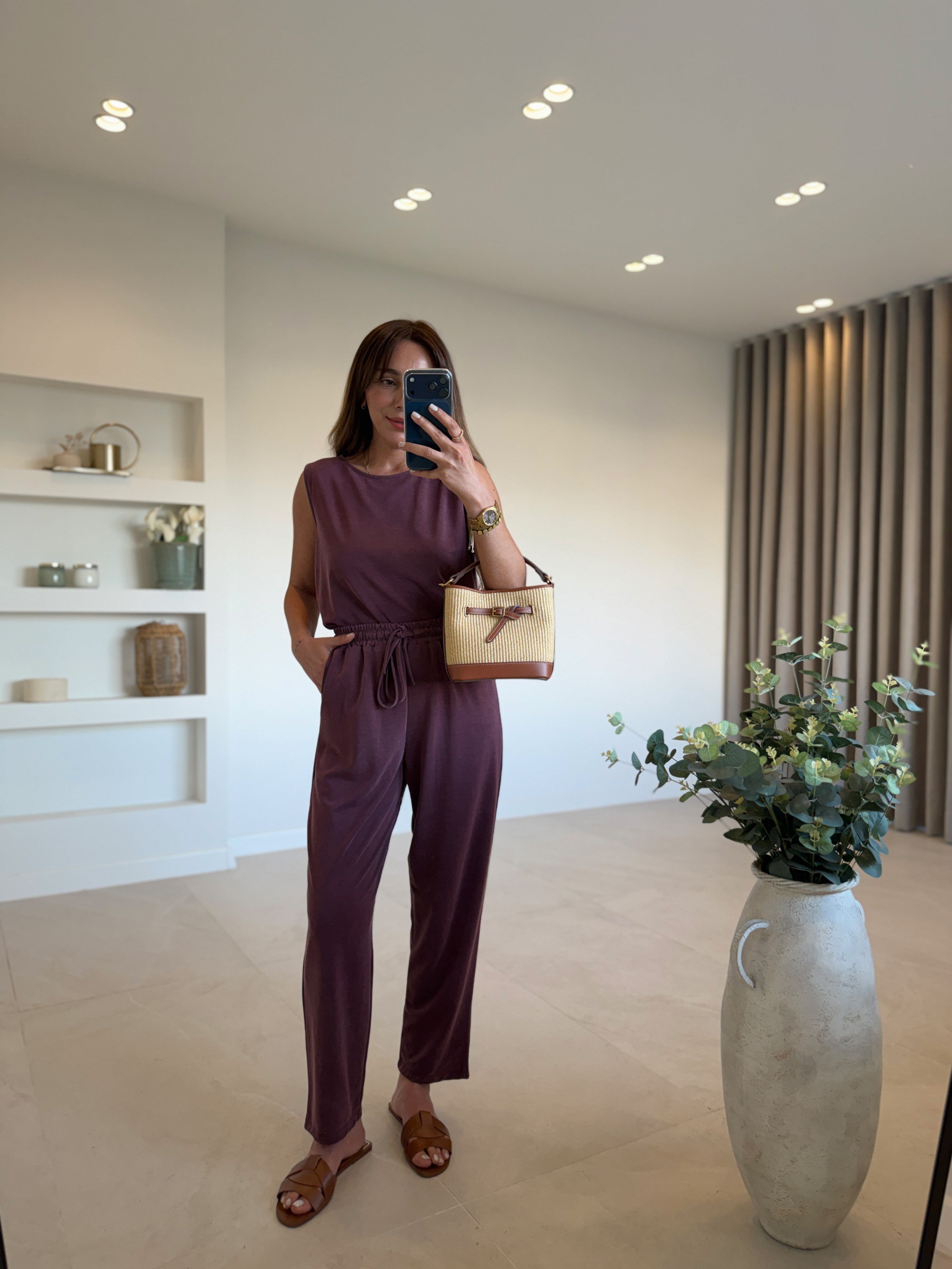 Low 7272 Modal Sıfır Kol Bordo Bluz Pantolon Takım