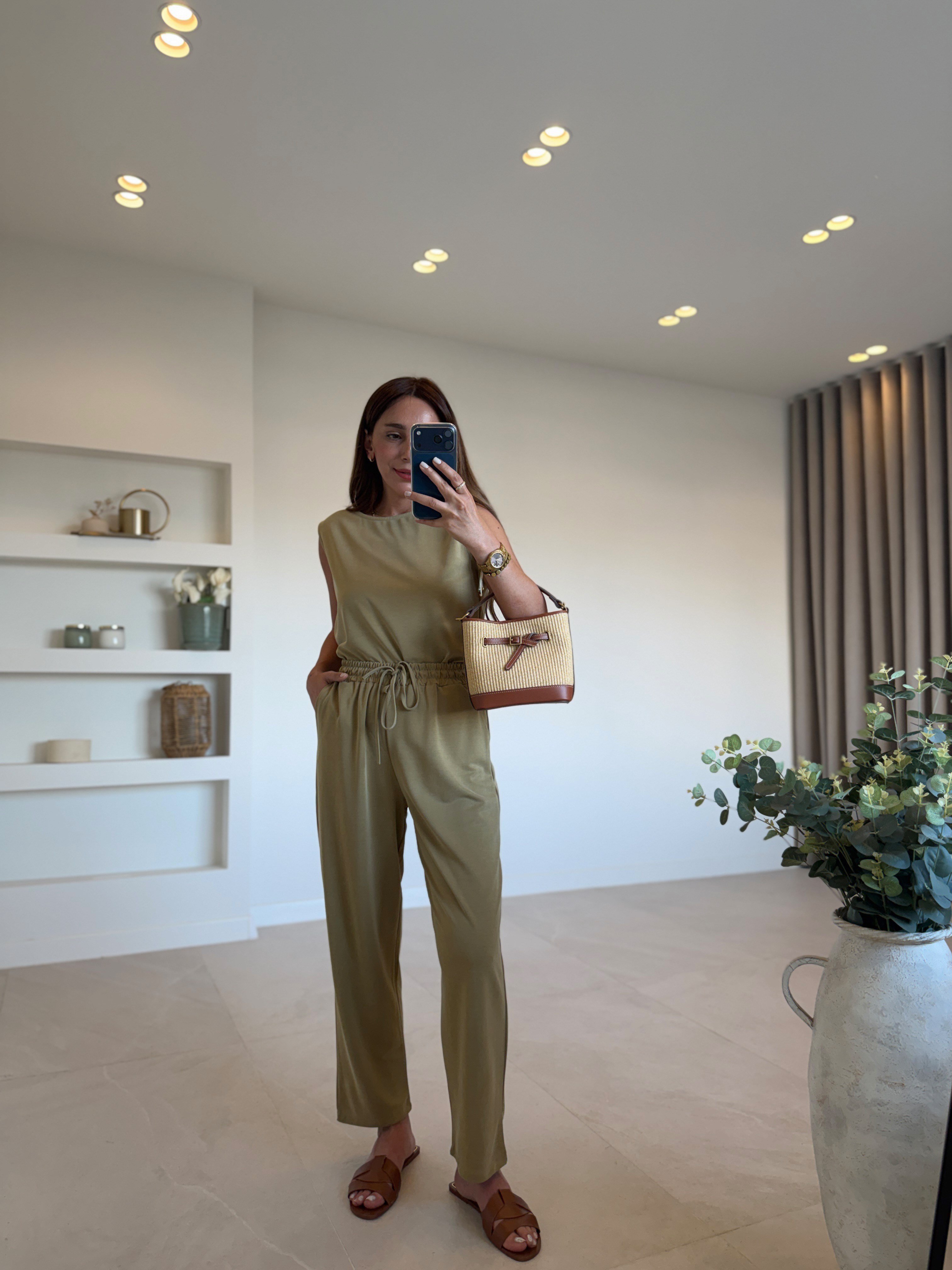 Low 7272 Modal Sıfır Kol Olive Bluz Pantolon Takım