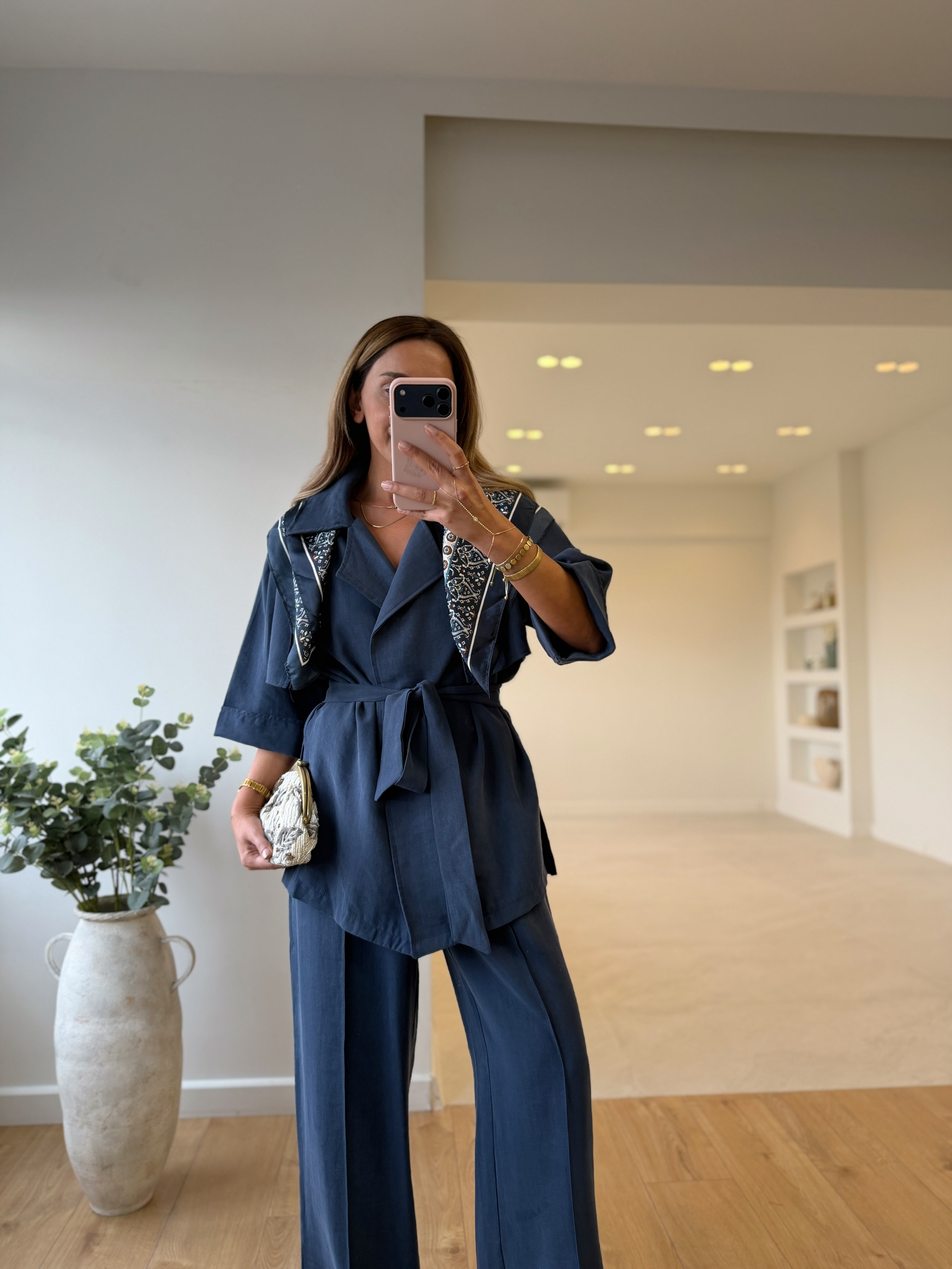Low 7309 Lacivert Tensel Yarım Kol Gömlek Pantolon Takım