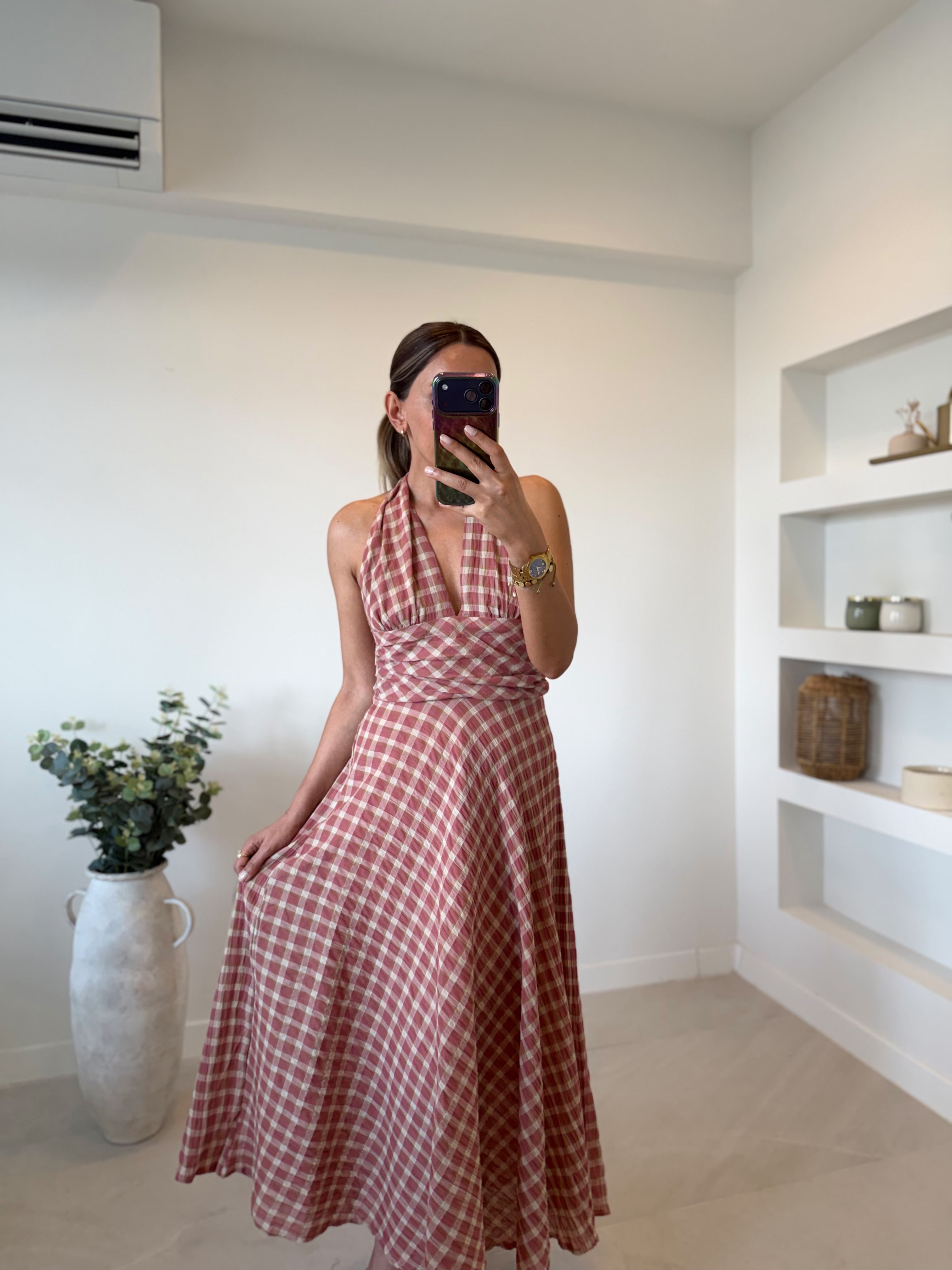 Low 8924 Kiremit Kareli Sırtı Açık Elbise