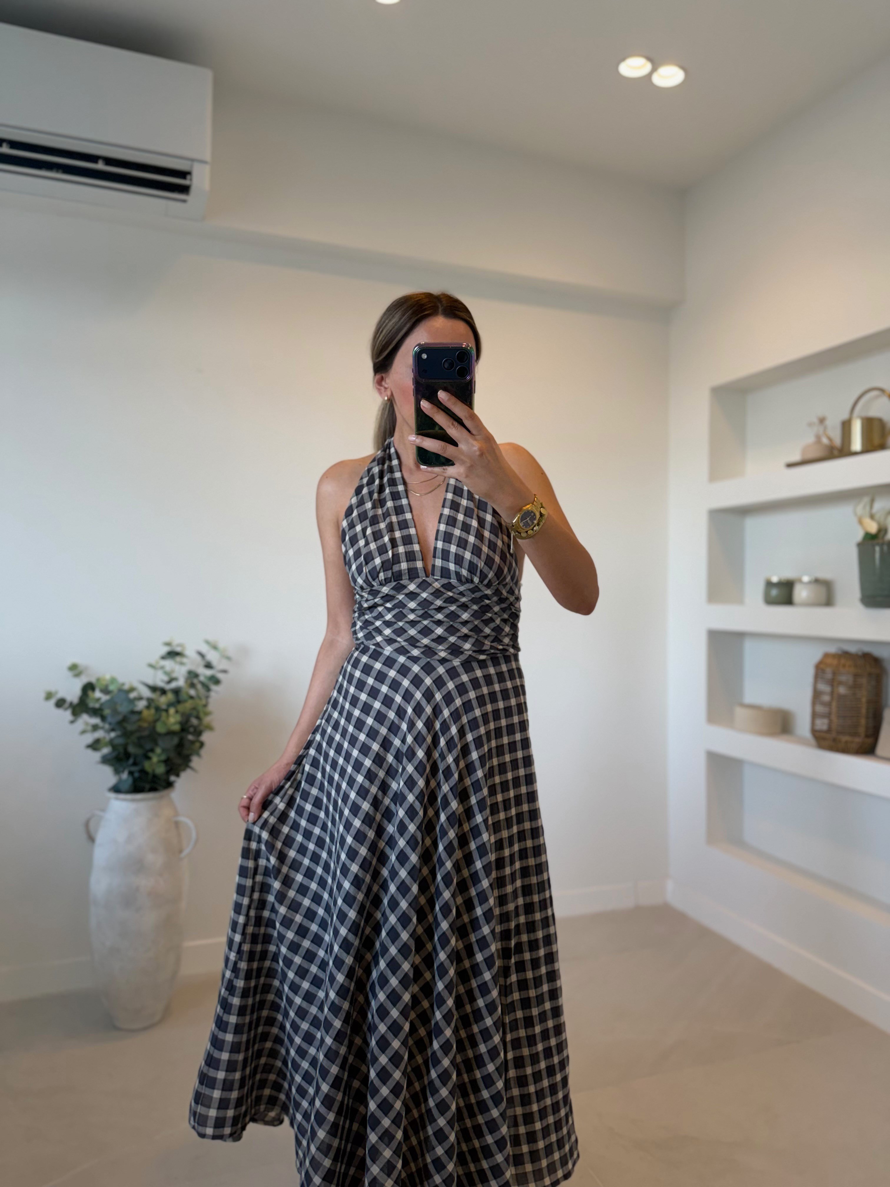 Low 8924 Siyah Kareli Sırtı Açık Elbise
