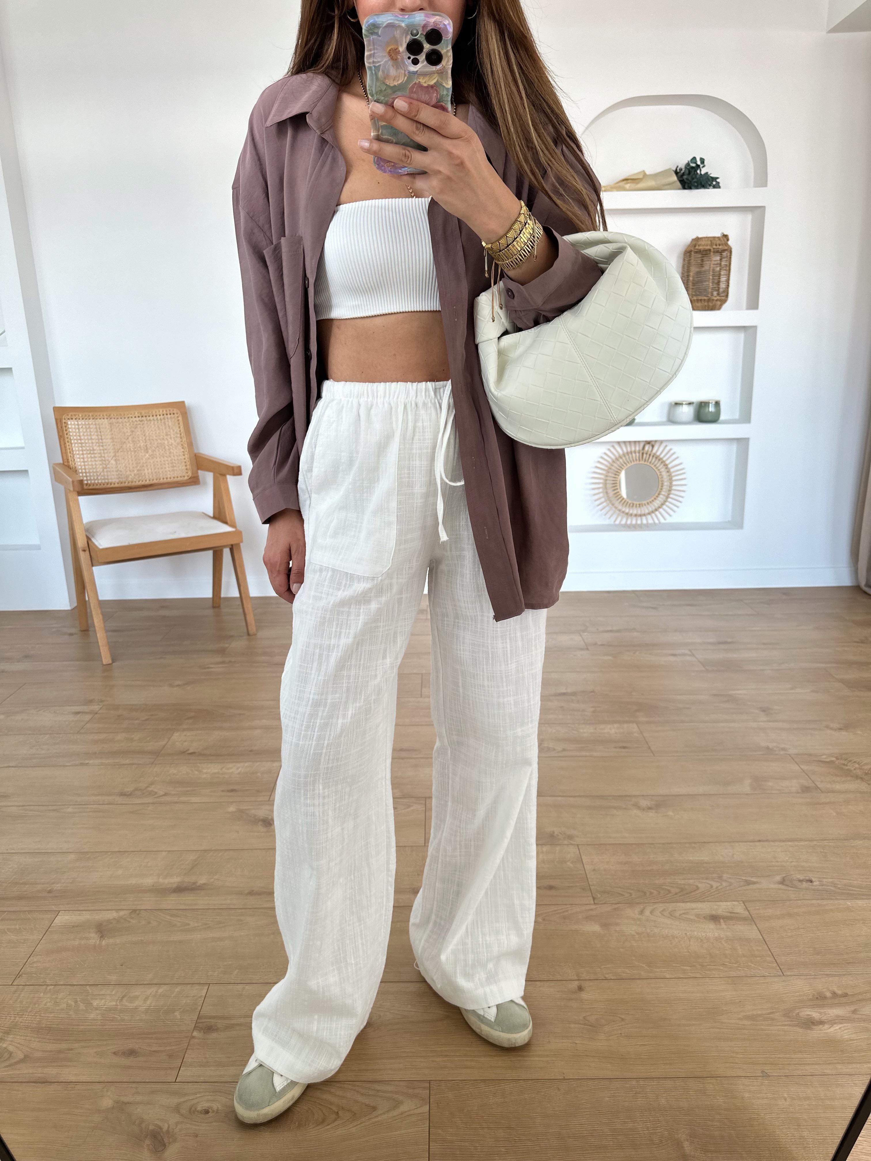 LOW BEYAZ BELİ BAĞLAMALI KETEN PANTOLON