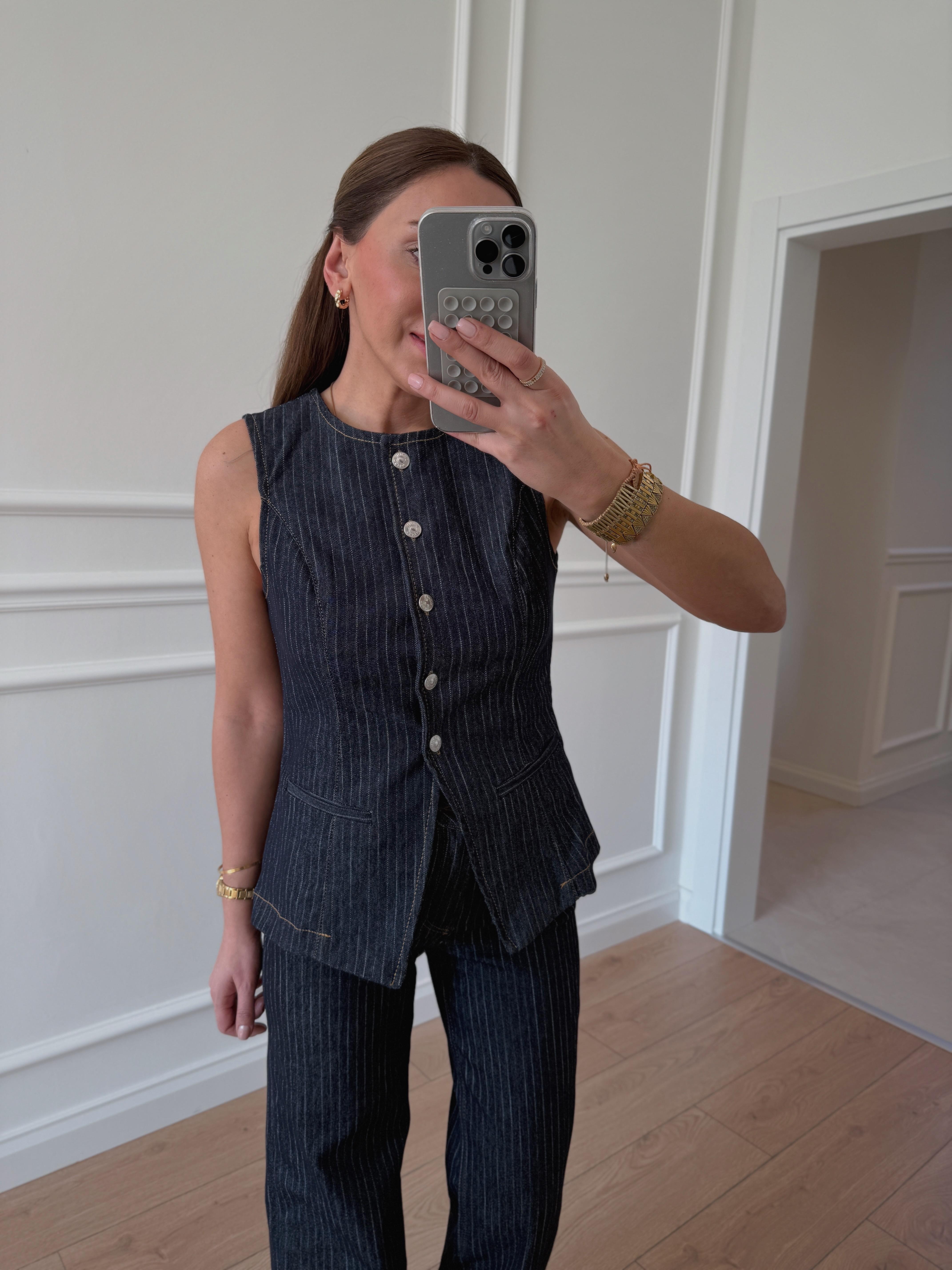 Low Denim Çizgili Yelek Pantolon Takım