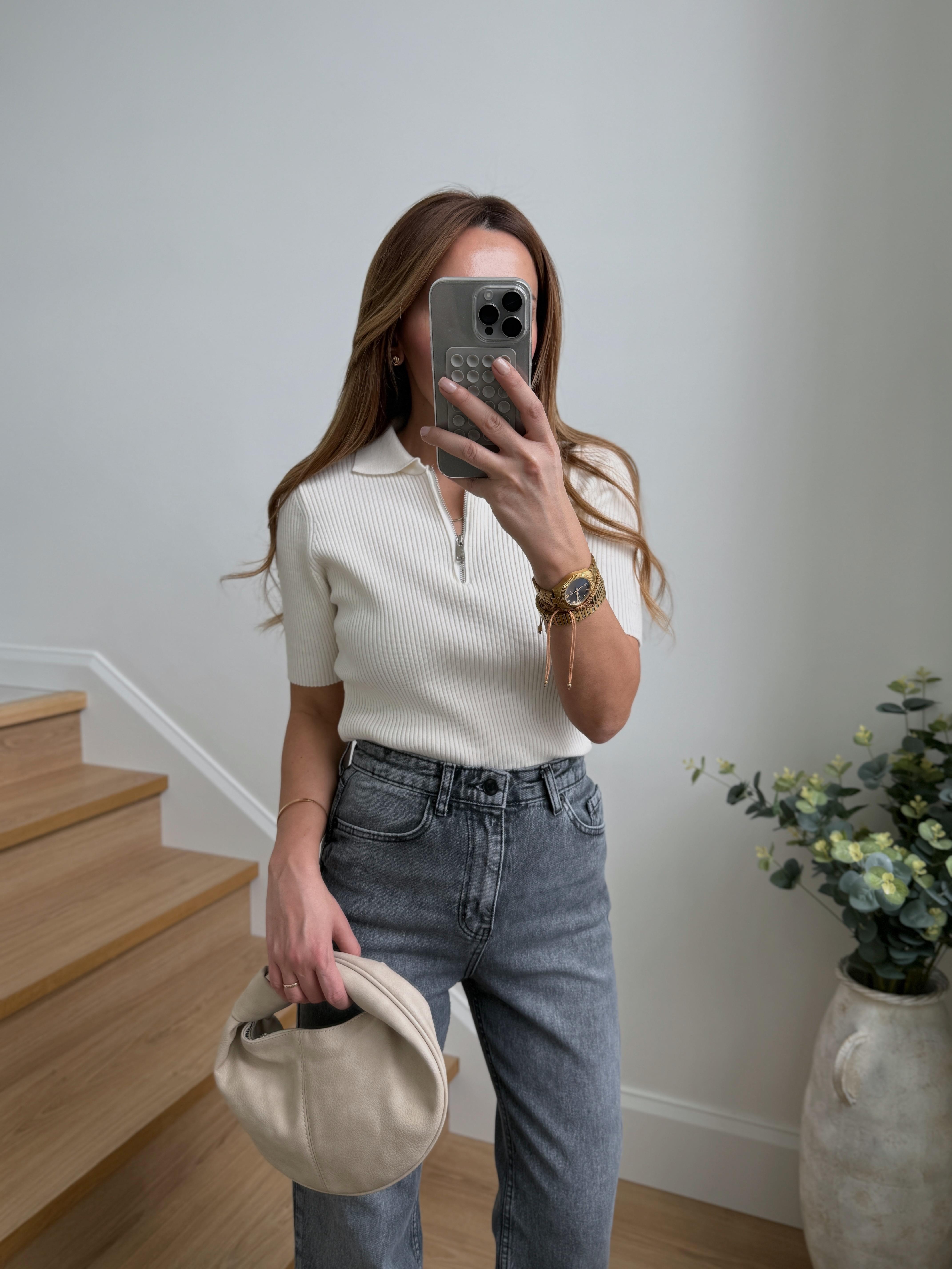 Low Ekru Fermuarlı Crop Triko Bluz