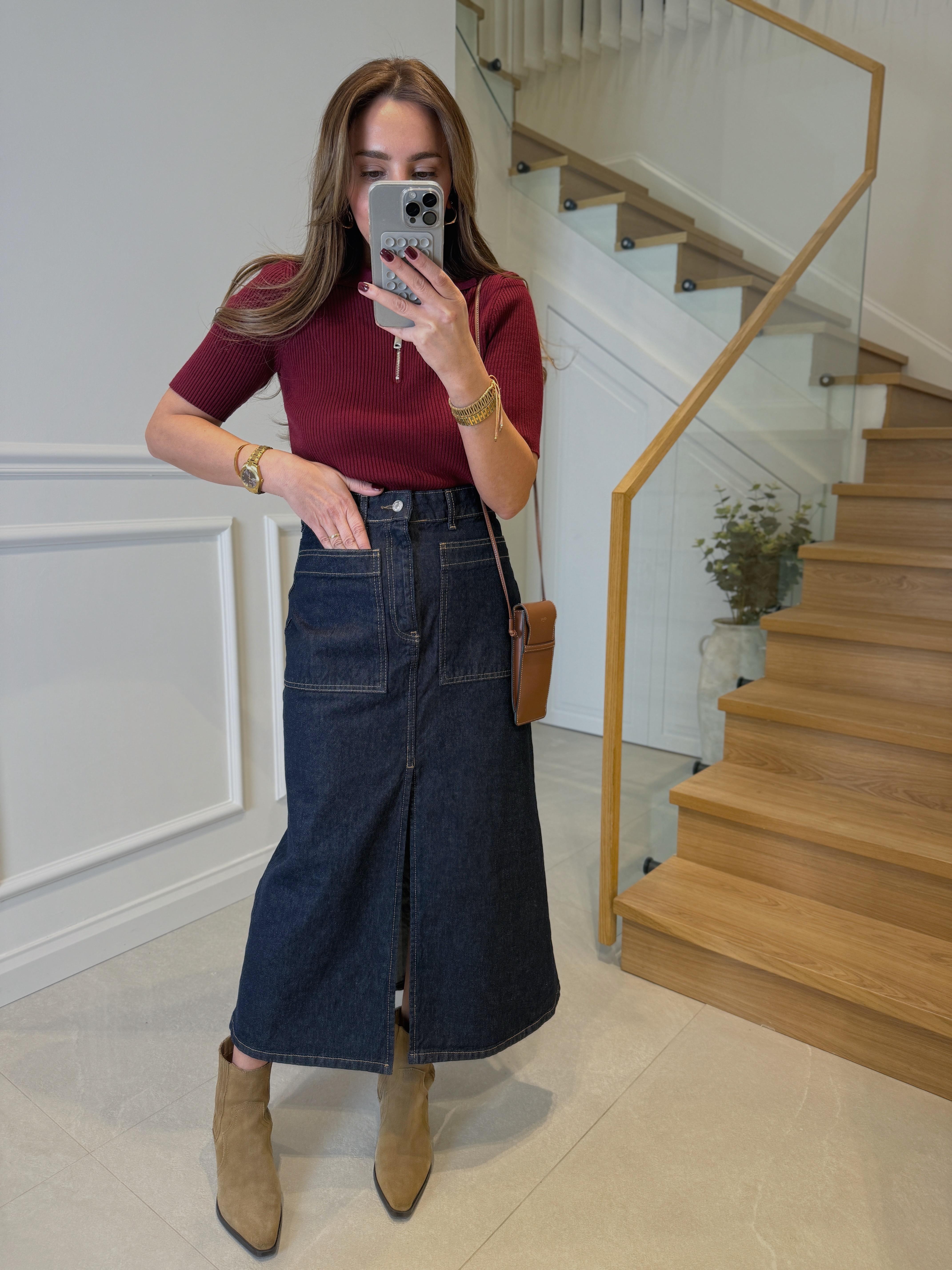 Low Koyu Lacivert Yırtmaçlı Denim Etek