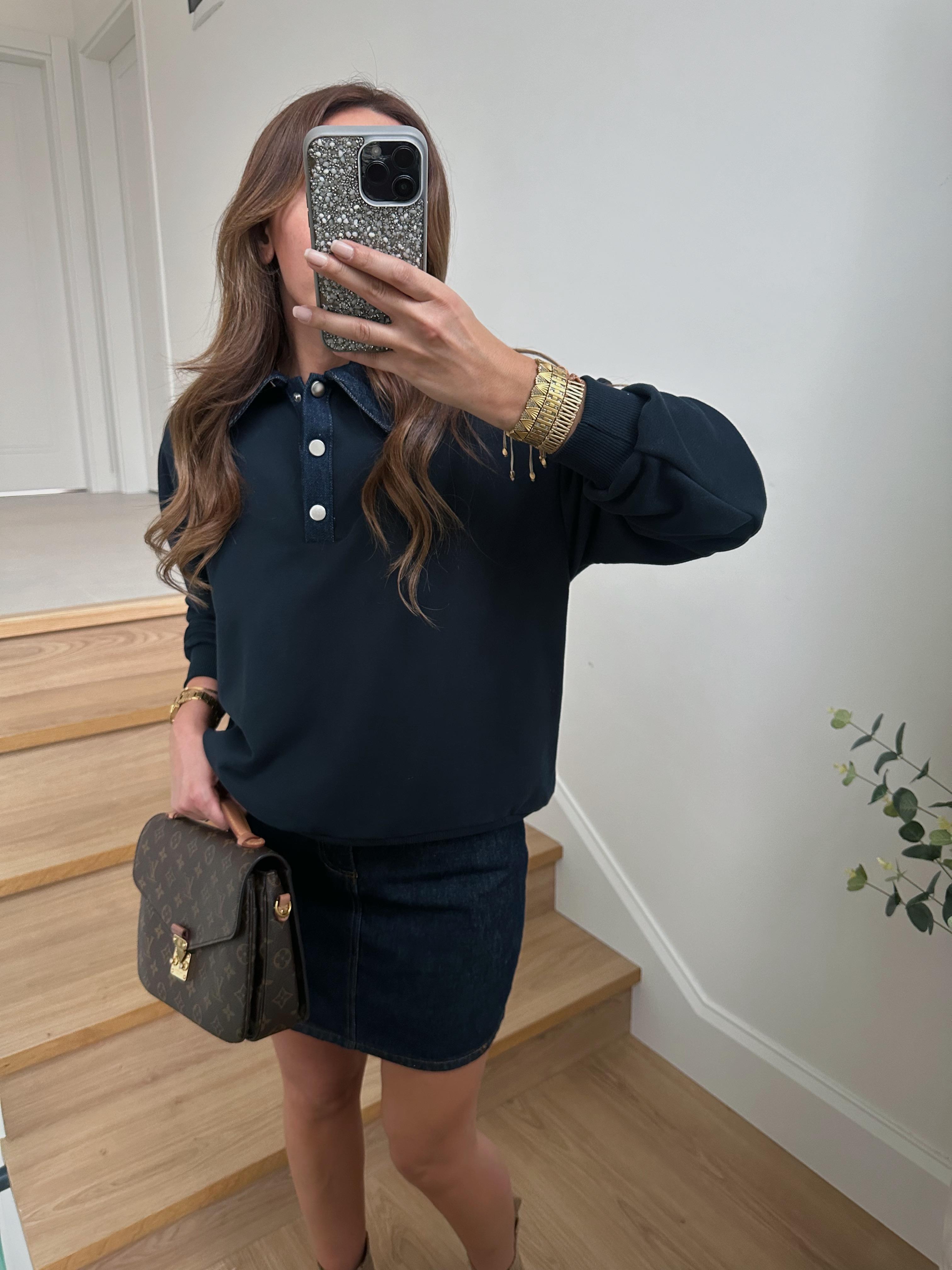 Low Lacivert Yakası Jean Detaylı Sweatshirt