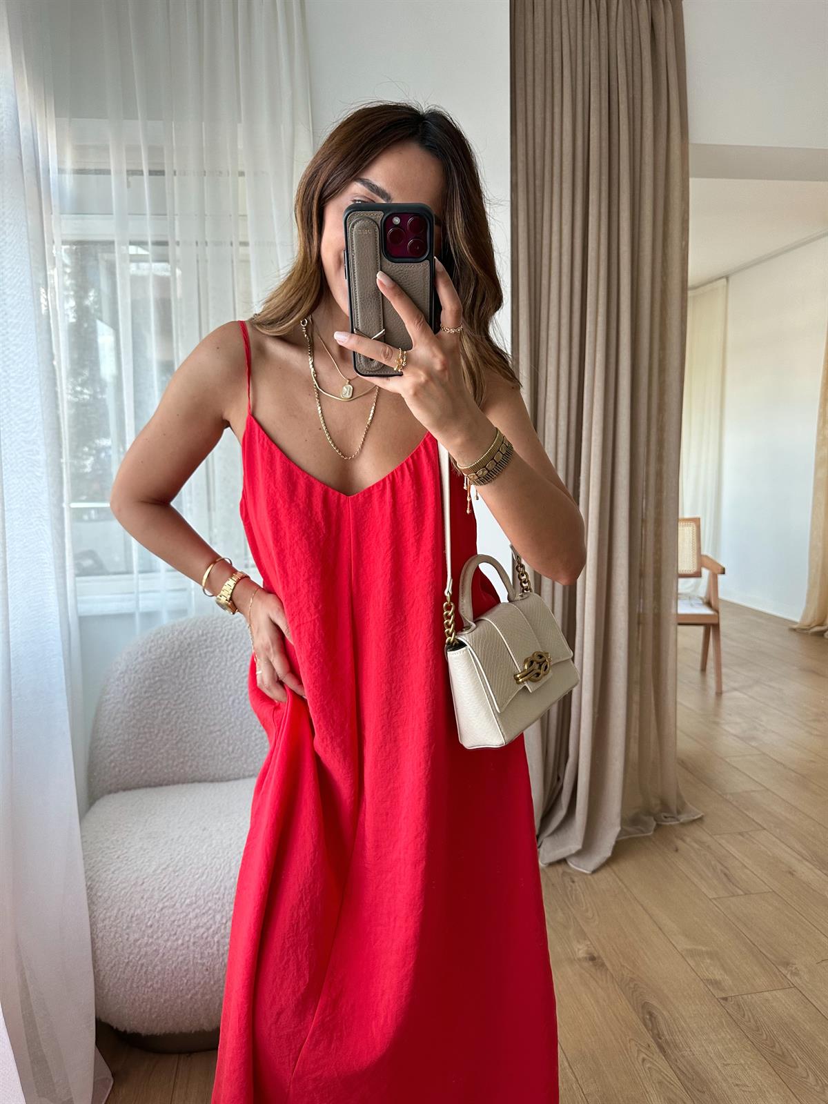 MANDY KIRMIZI ASKILARI AYARLANABİLİR TENSEL ELBİSE