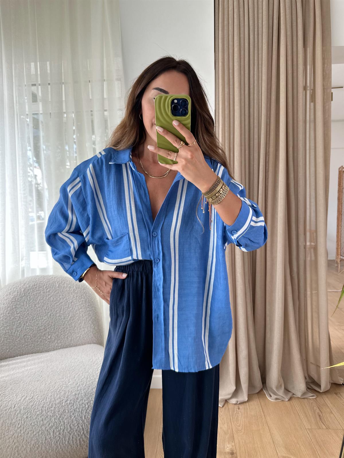MAVİ ÇİZGİLİ TENSEL OVERSIZE GÖMLEK
