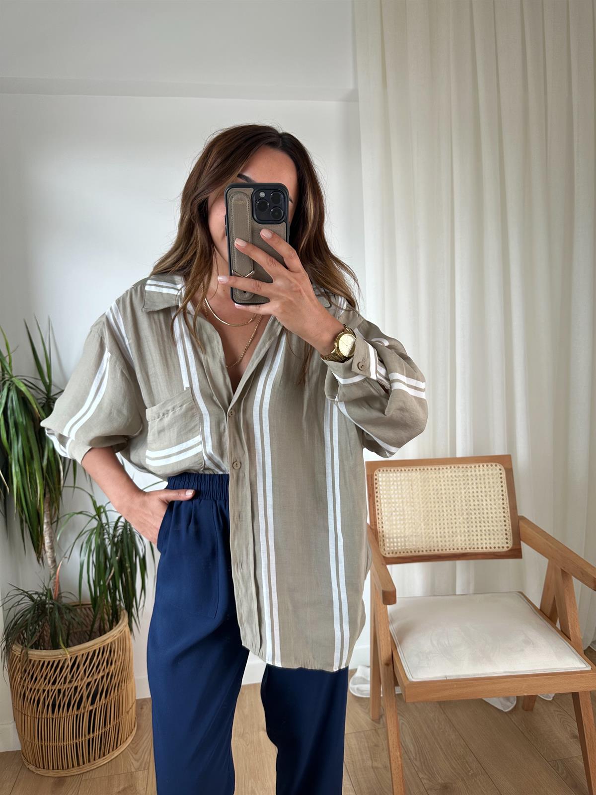 OLIVE ÇİZGİLİ TENSEL OVERSIZE GÖMLEK