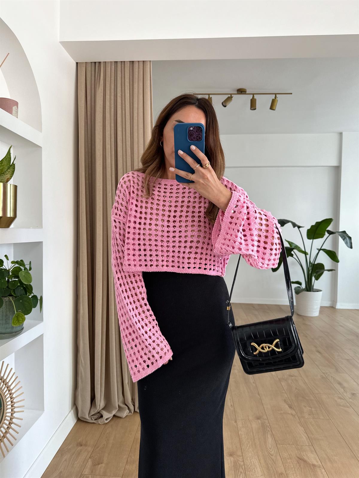 PEMBE AJURLU CROP TRİKO
