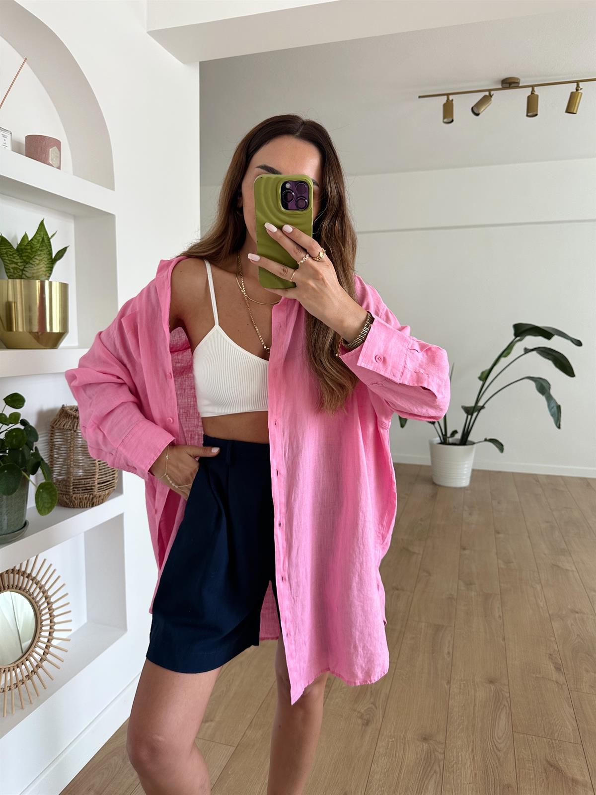 PEMBE HAM KETEN OVERSIZE TUNİK GÖMLEK