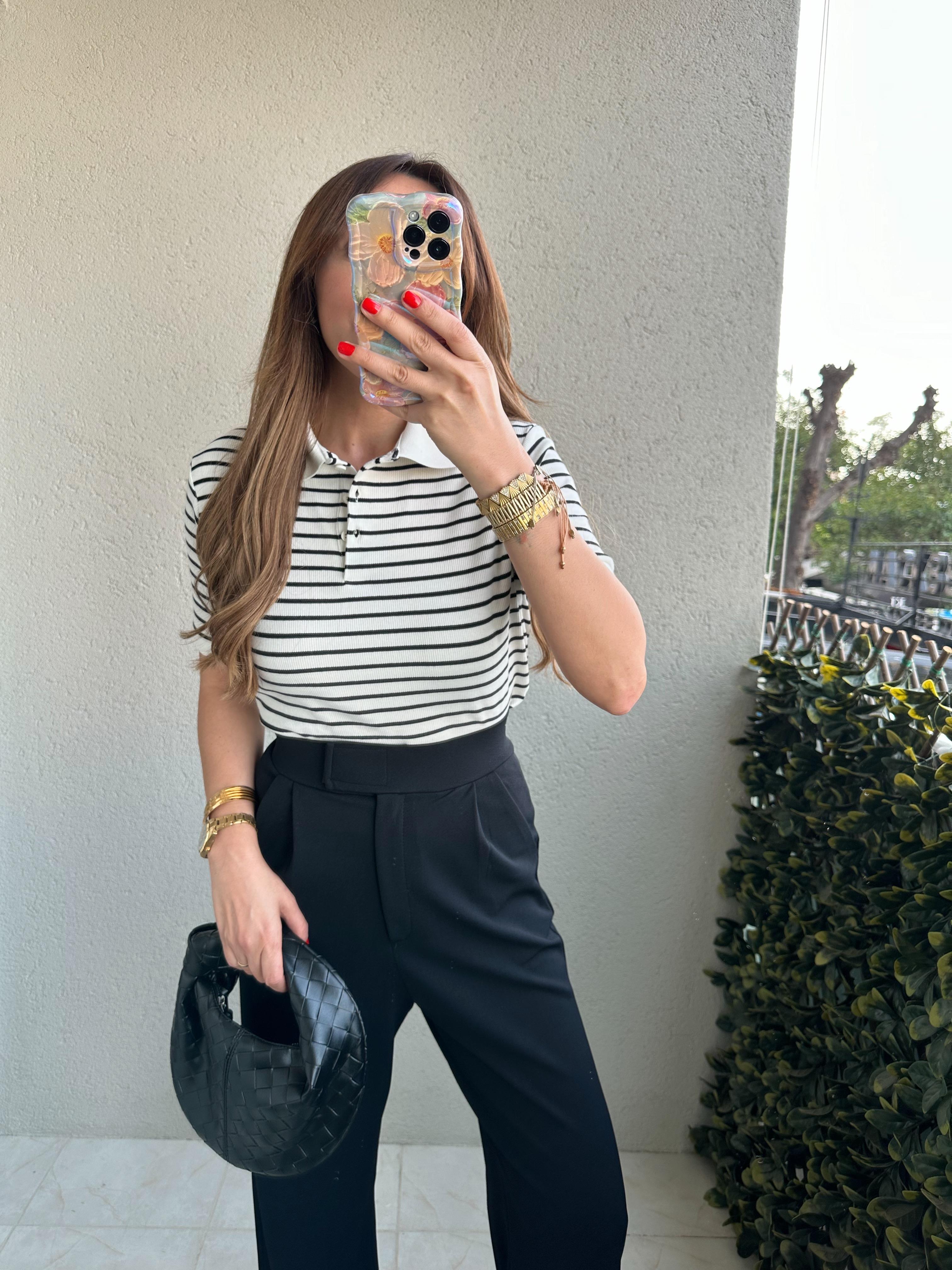 POLO YAKA SİYAH BEYAZ ÇİZGİLİ ÖRME TİŞÖRT