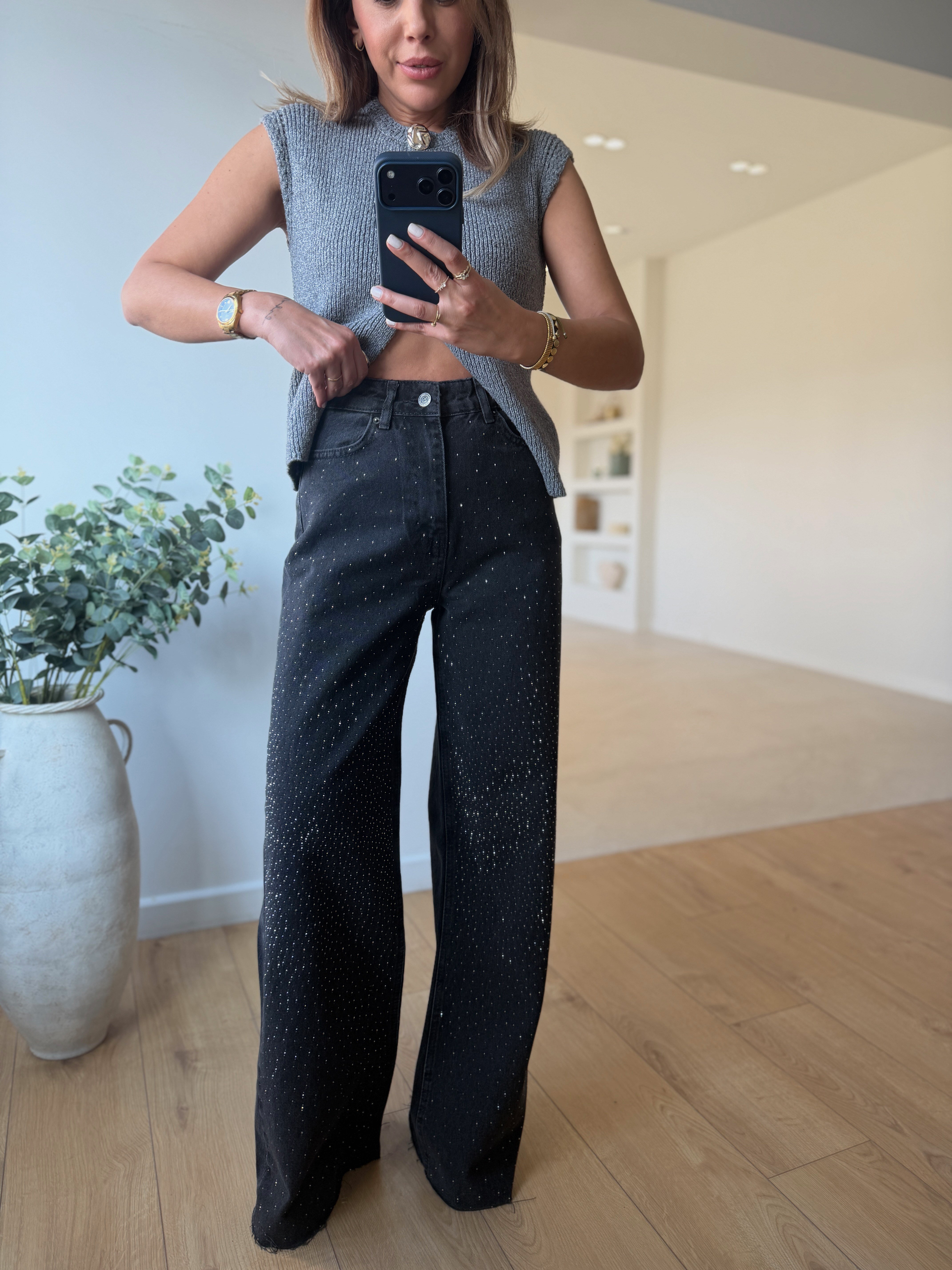 RM1011 Siyah Önü Taşlı Wide Leg Jean