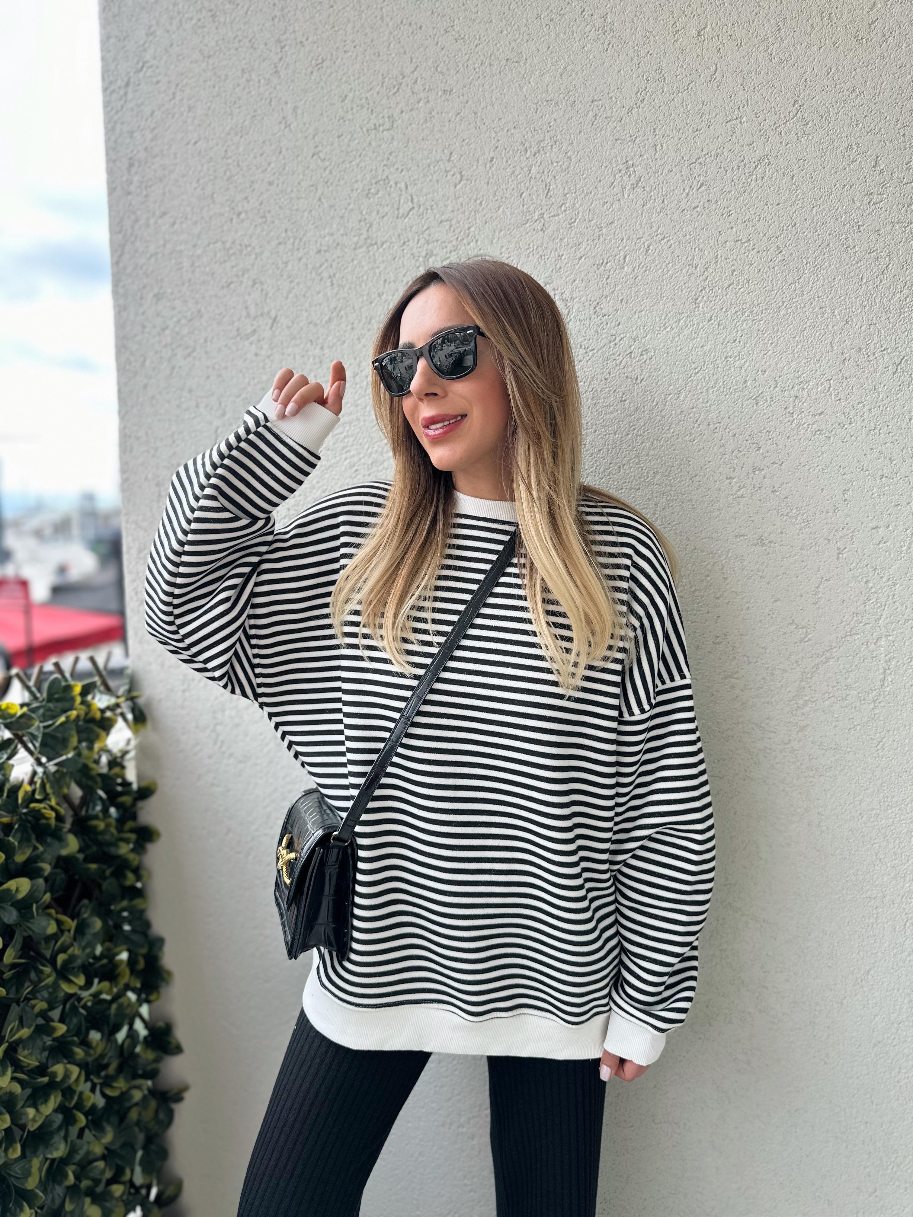 SİYAH ÇİZGİLİ OVERSIZE PAMUKLU SWEAT