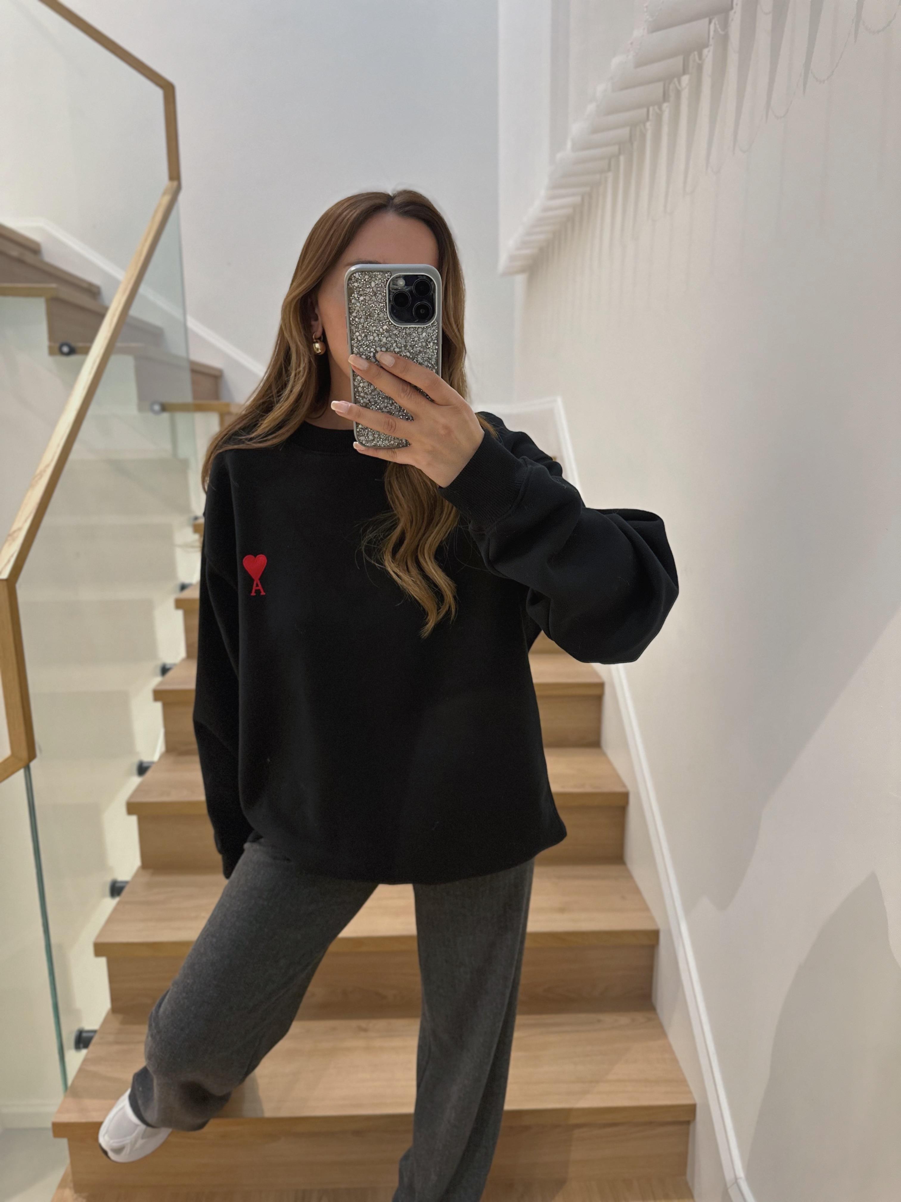 Siyah Kalp Nakışlı Muadil Premıum Şardonlu Sweat