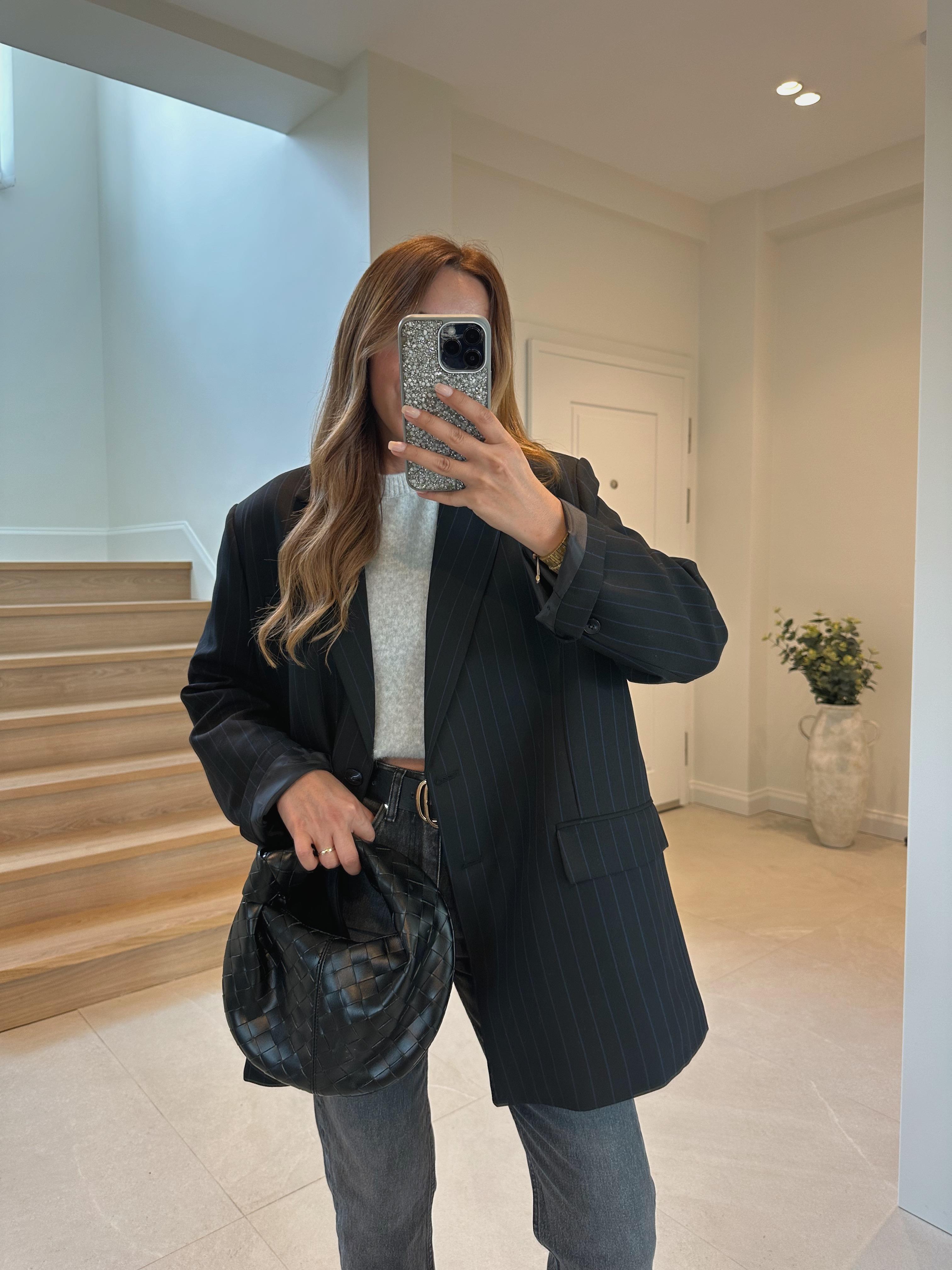 Siyah Mavi Çizgili Oversize Blazer Ceket