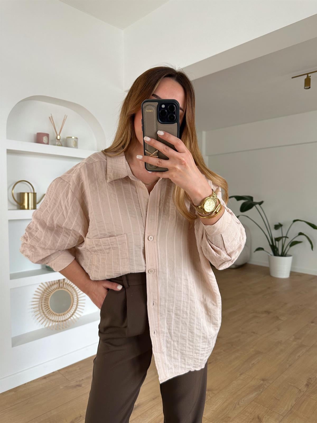 TAŞ RENGİ ÇİZGİLİ TENSEL OVERSIZE GÖMLEK