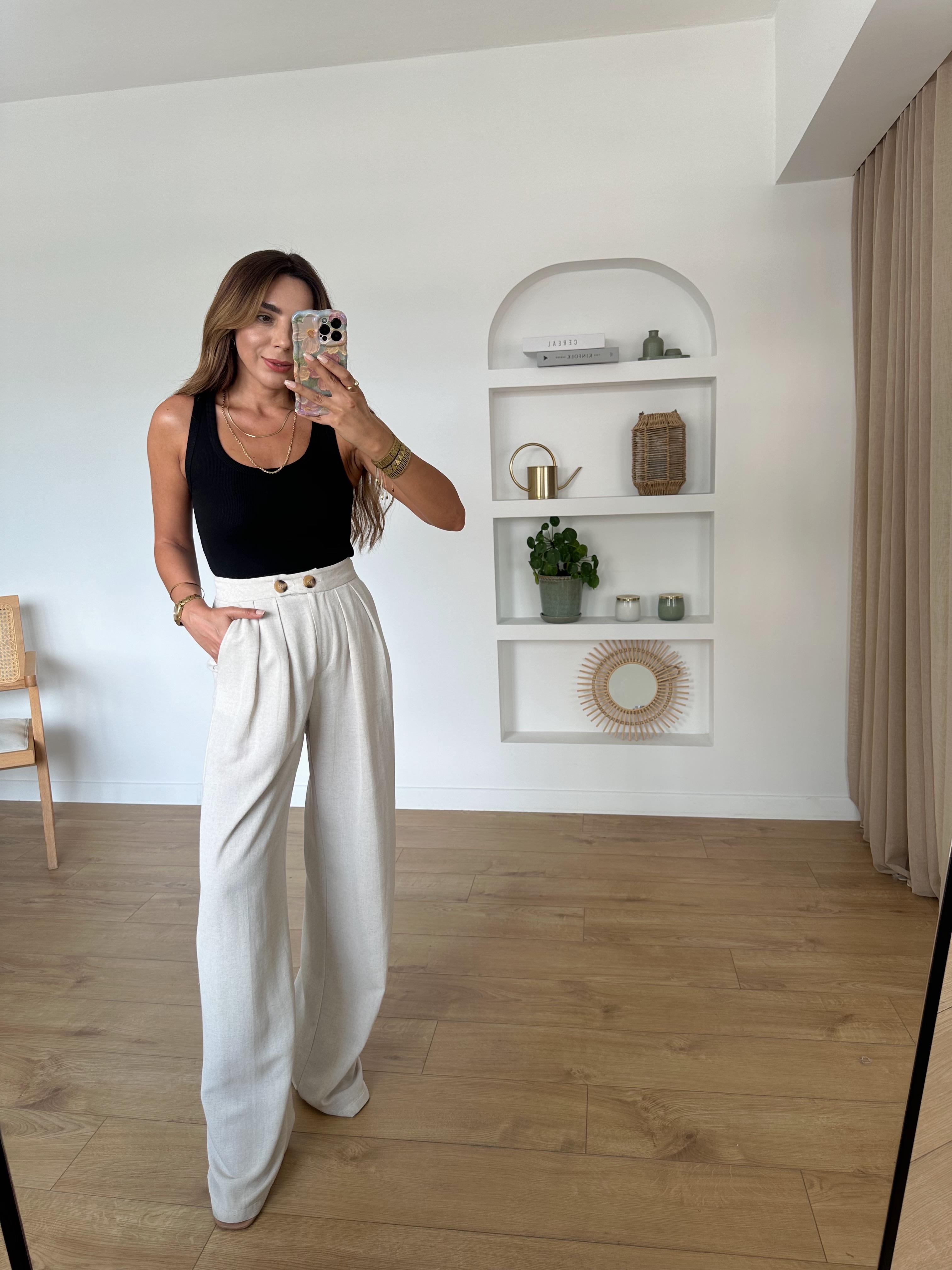 Taş Rengi Keten Karışımlı Palazzo Pantolon