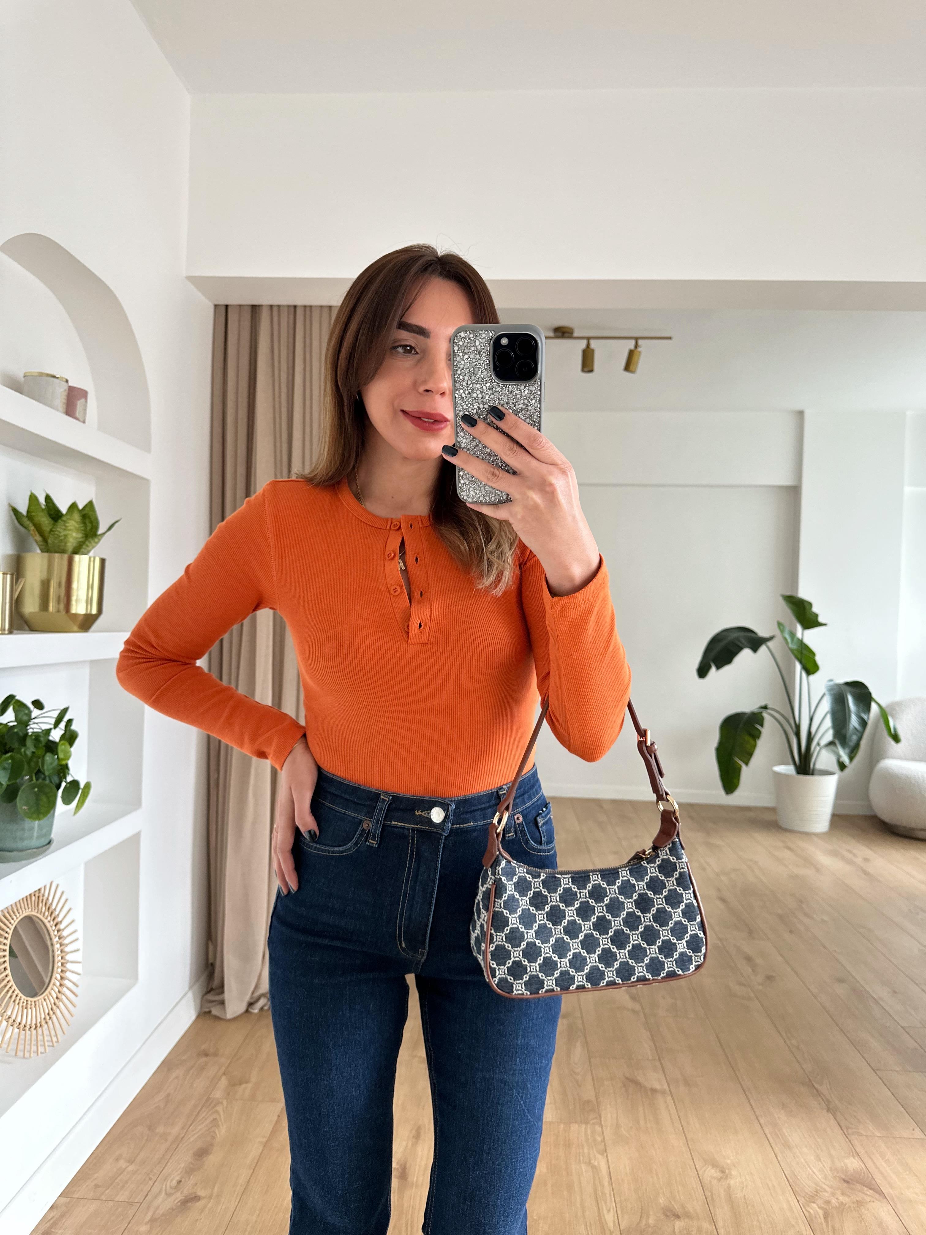 TURUNCU FİTİLLİ PAMUKLU BLUZ