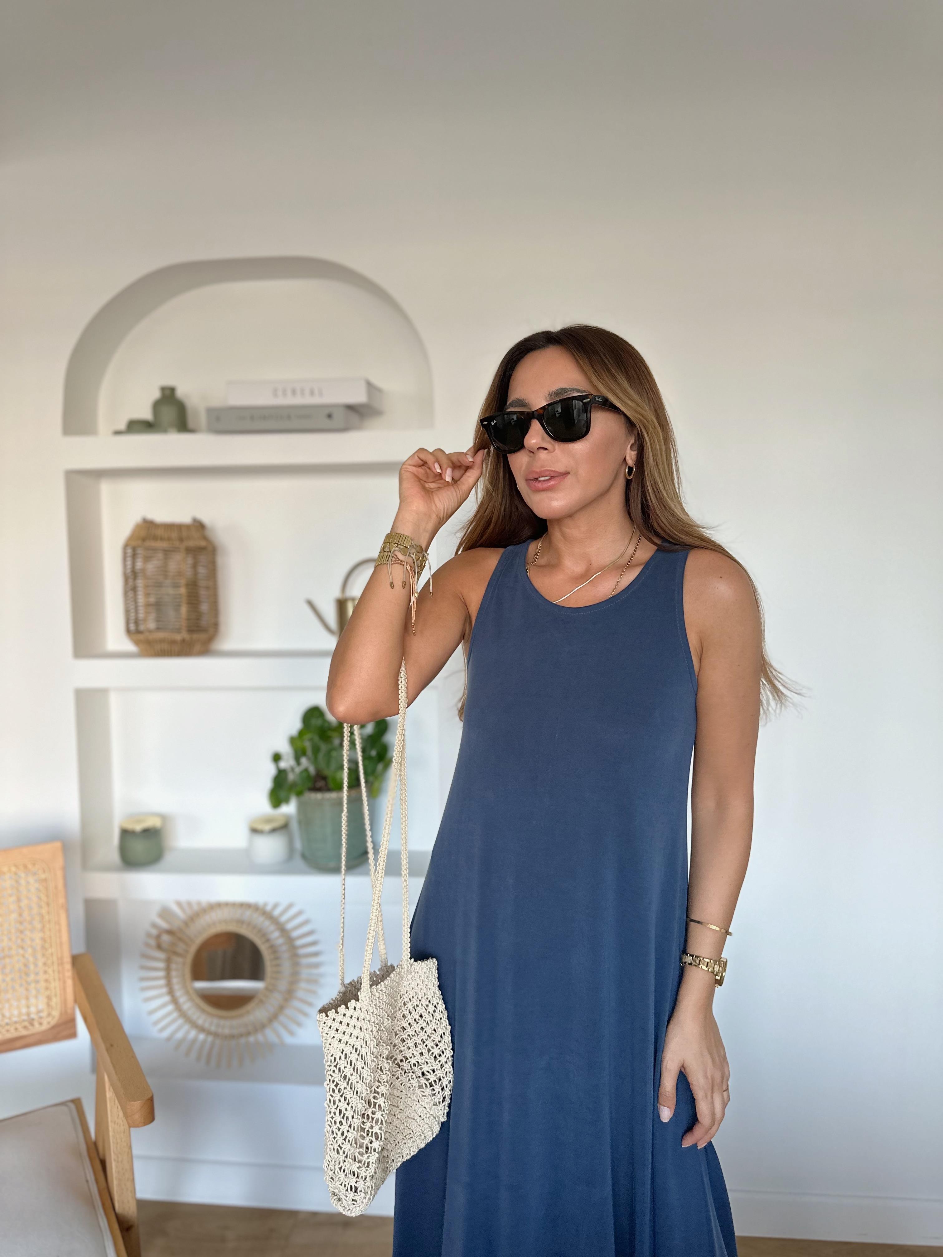 Wave Sıfır Kol İndigo Modal Elbise