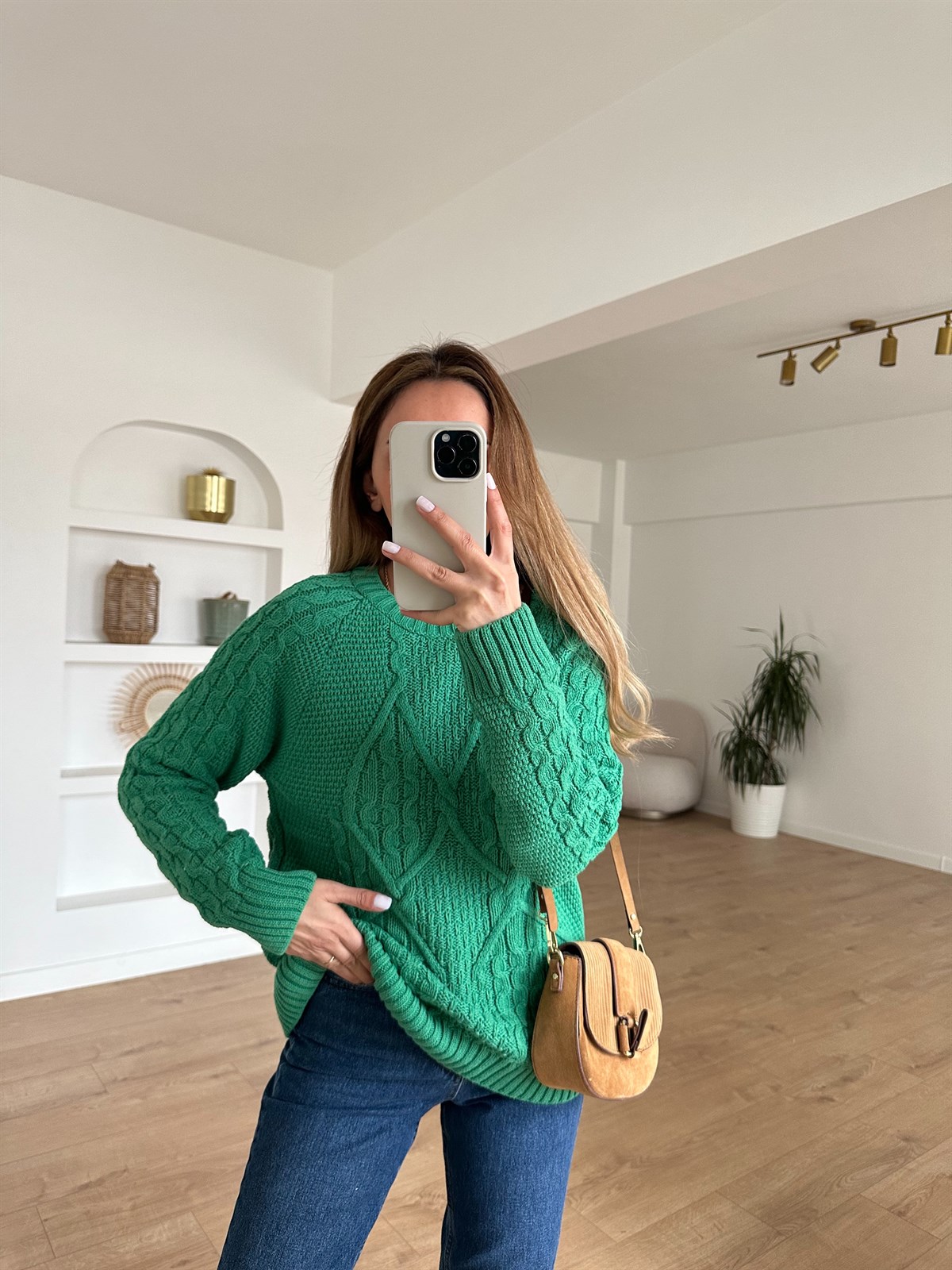 YEŞİL SAÇ ÖRGÜ KALIN KAZAK