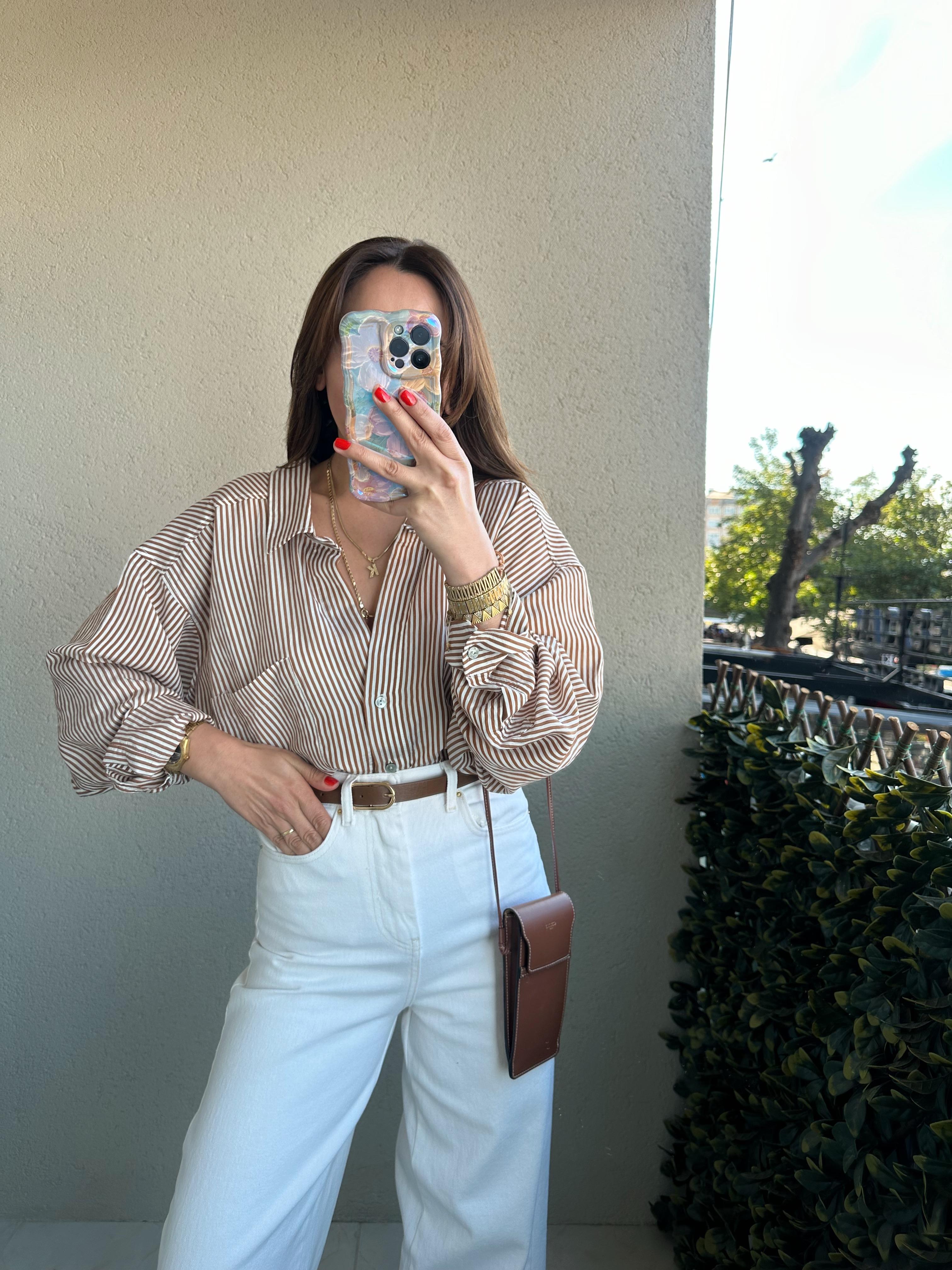 %100 PAMUK KAHVE ÇİZGİLİ OVERSIZE GÖMLEK