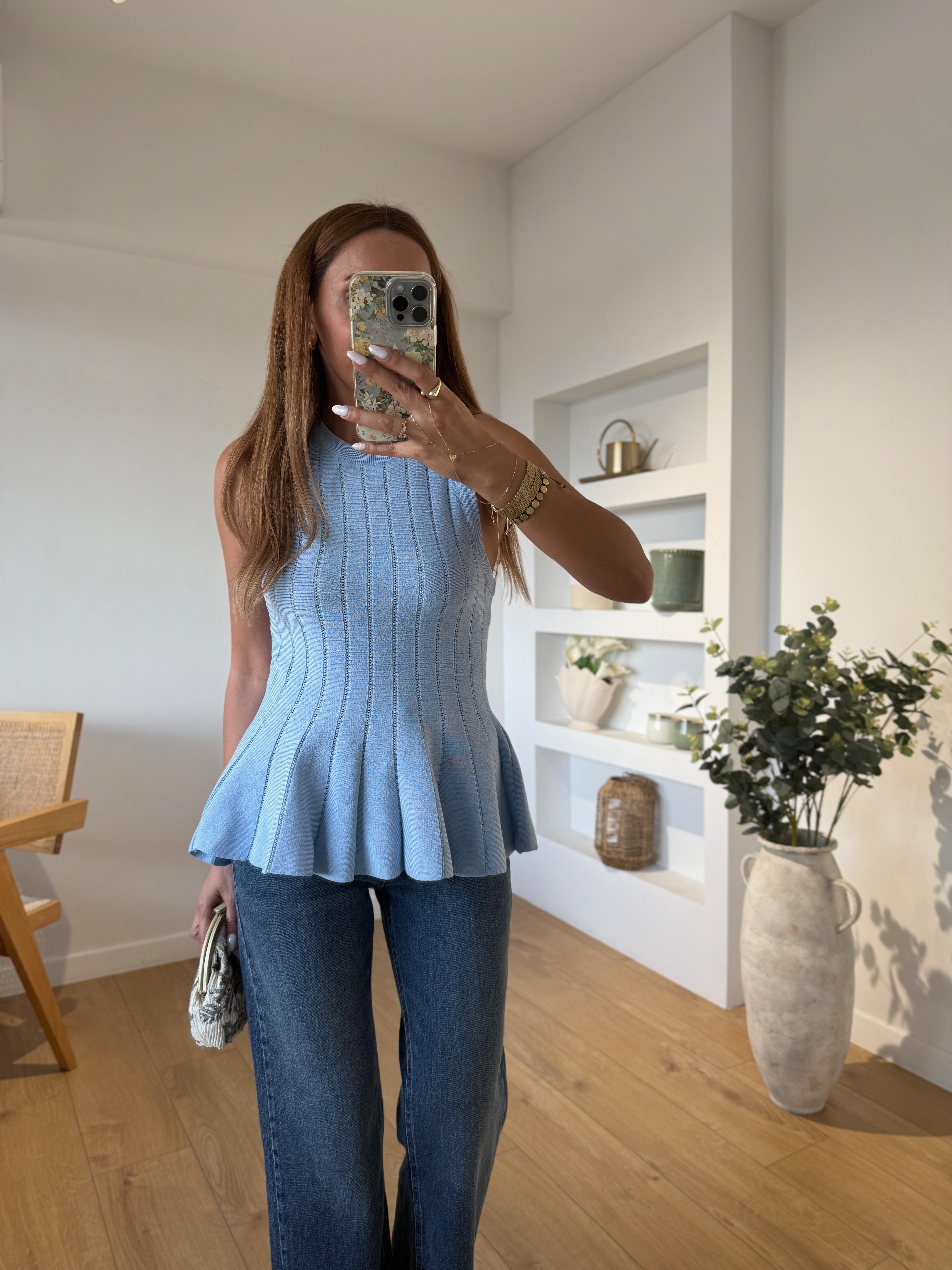 1001 Belden Oturtmalı Volanlı Mavi Bluz