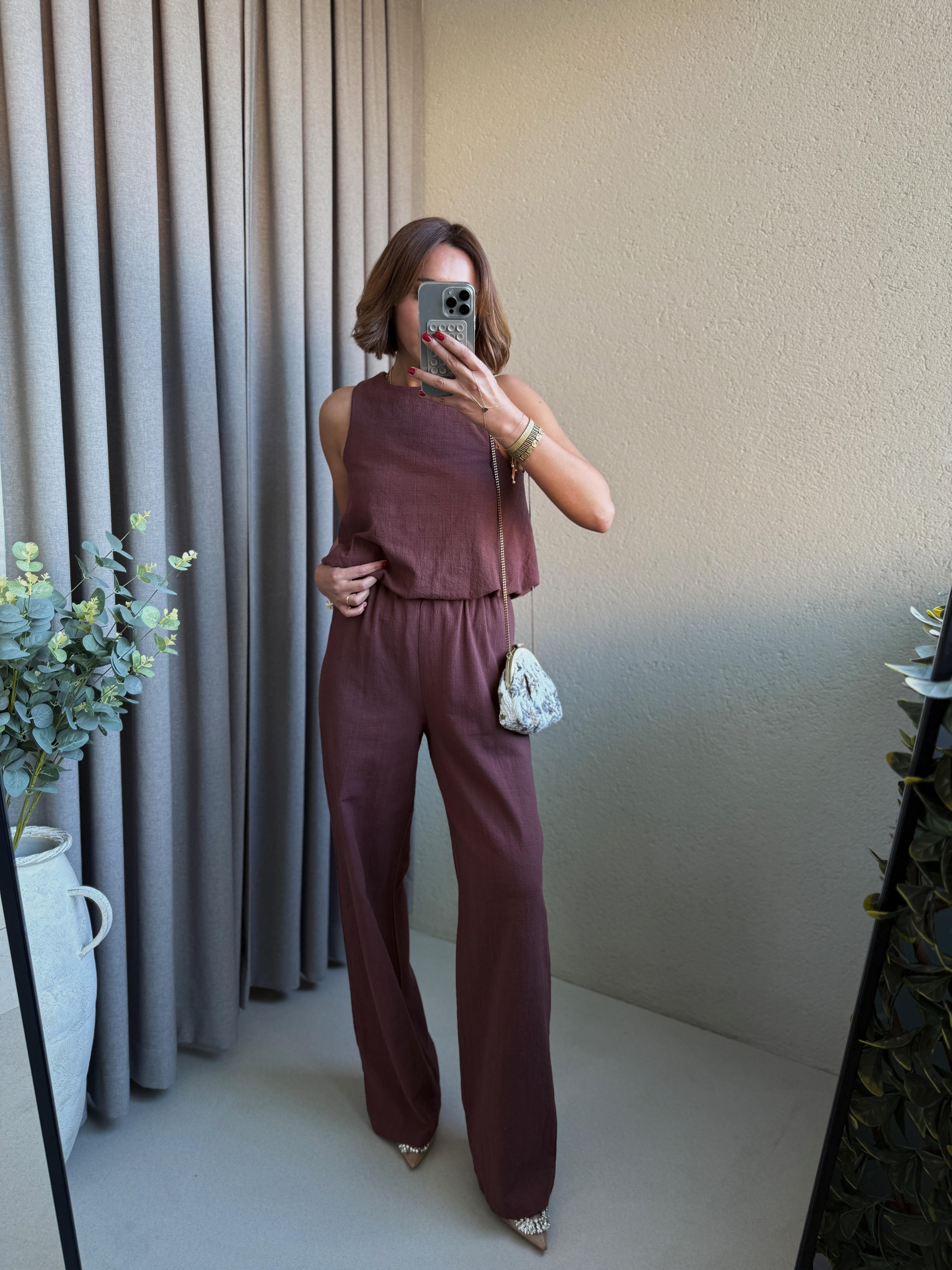 1003 Keten Dokulu Mürdüm Bluz Pantolon Takım