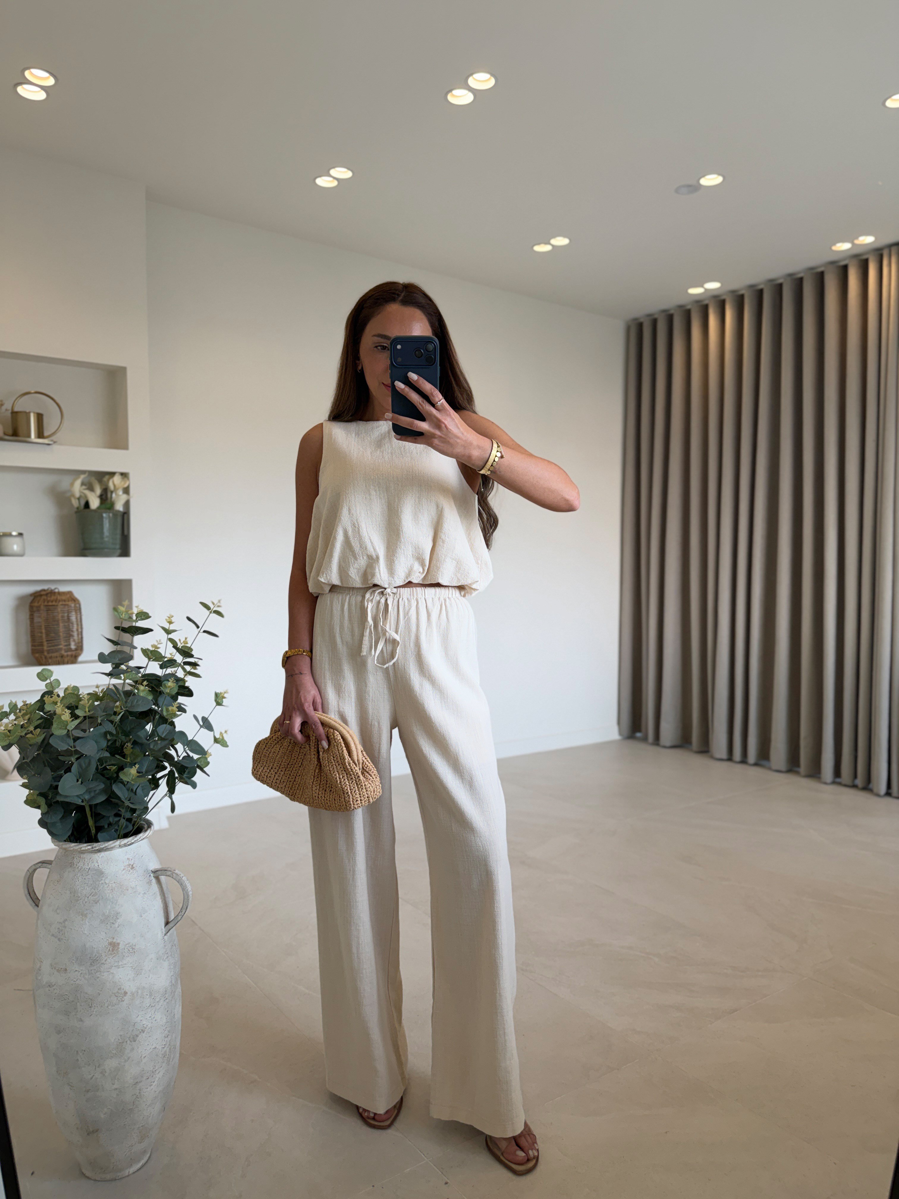 1003 Keten Dokulu Naturel Bluz Pantolon Takım