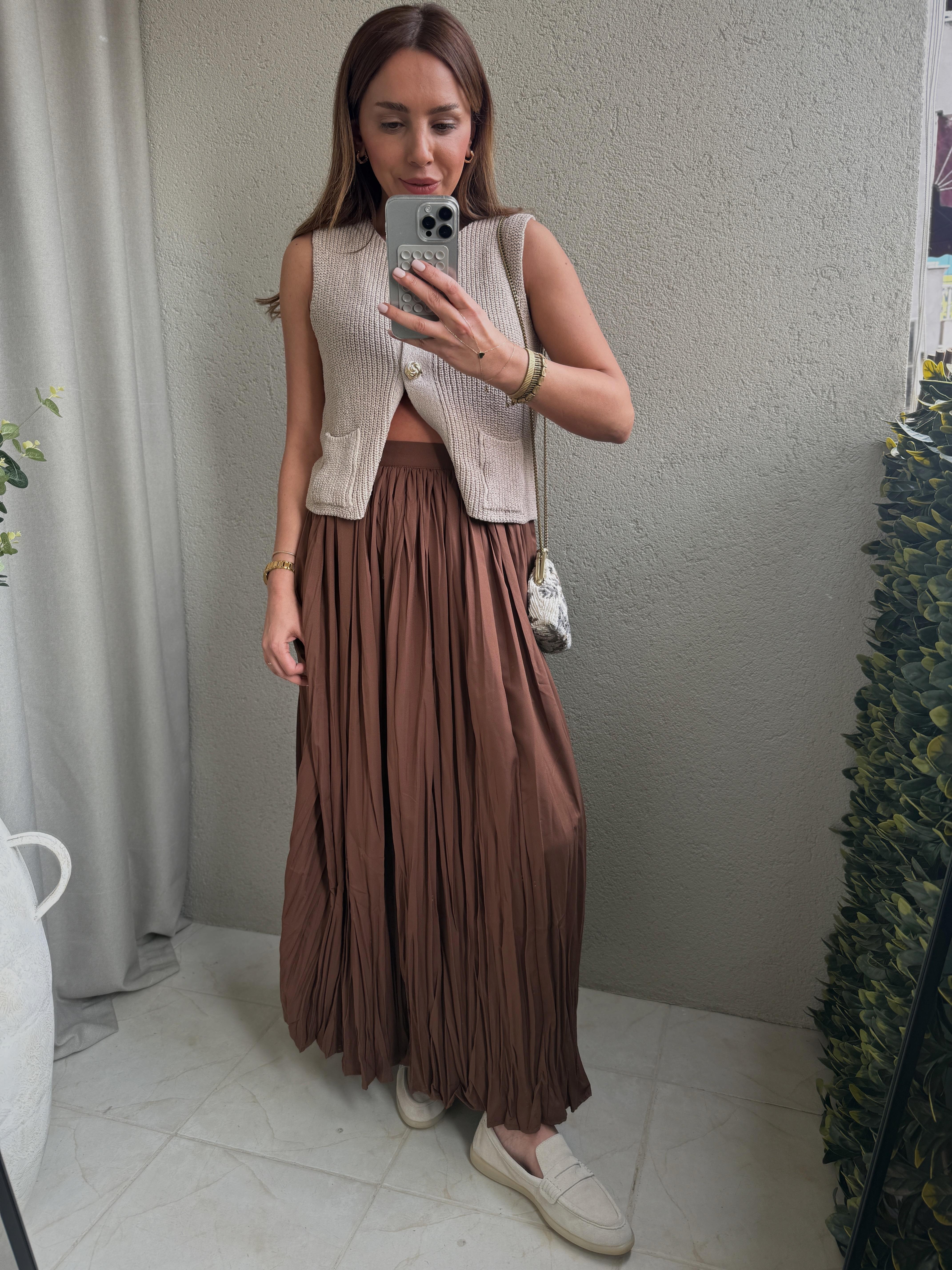 1015 Kraşlı Midi Taba Etek