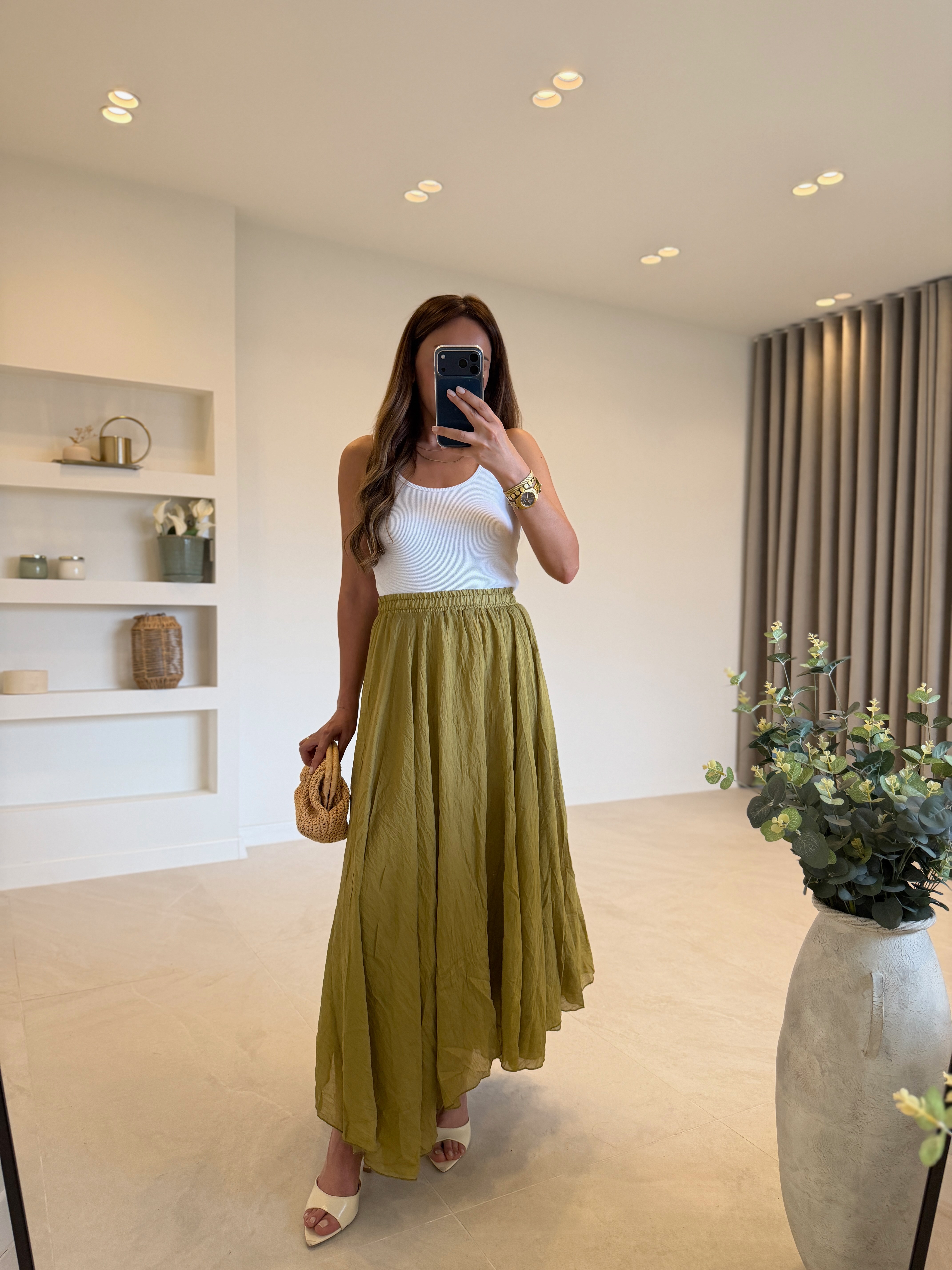 1022 Olive Astarlı Asimetrik Etek