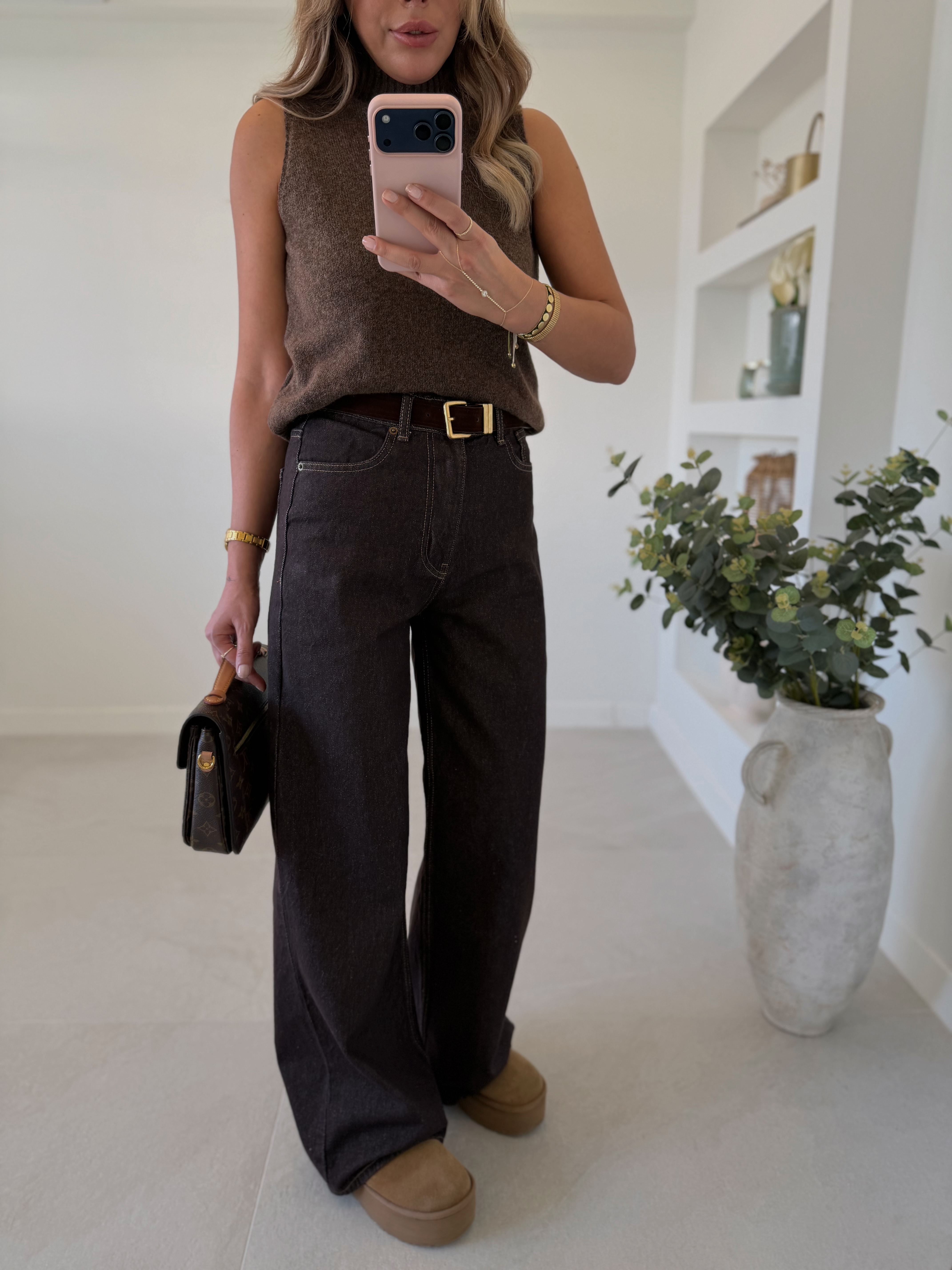 1025 Kahverengi Yıkamalı Kemerli Wide Leg Jean