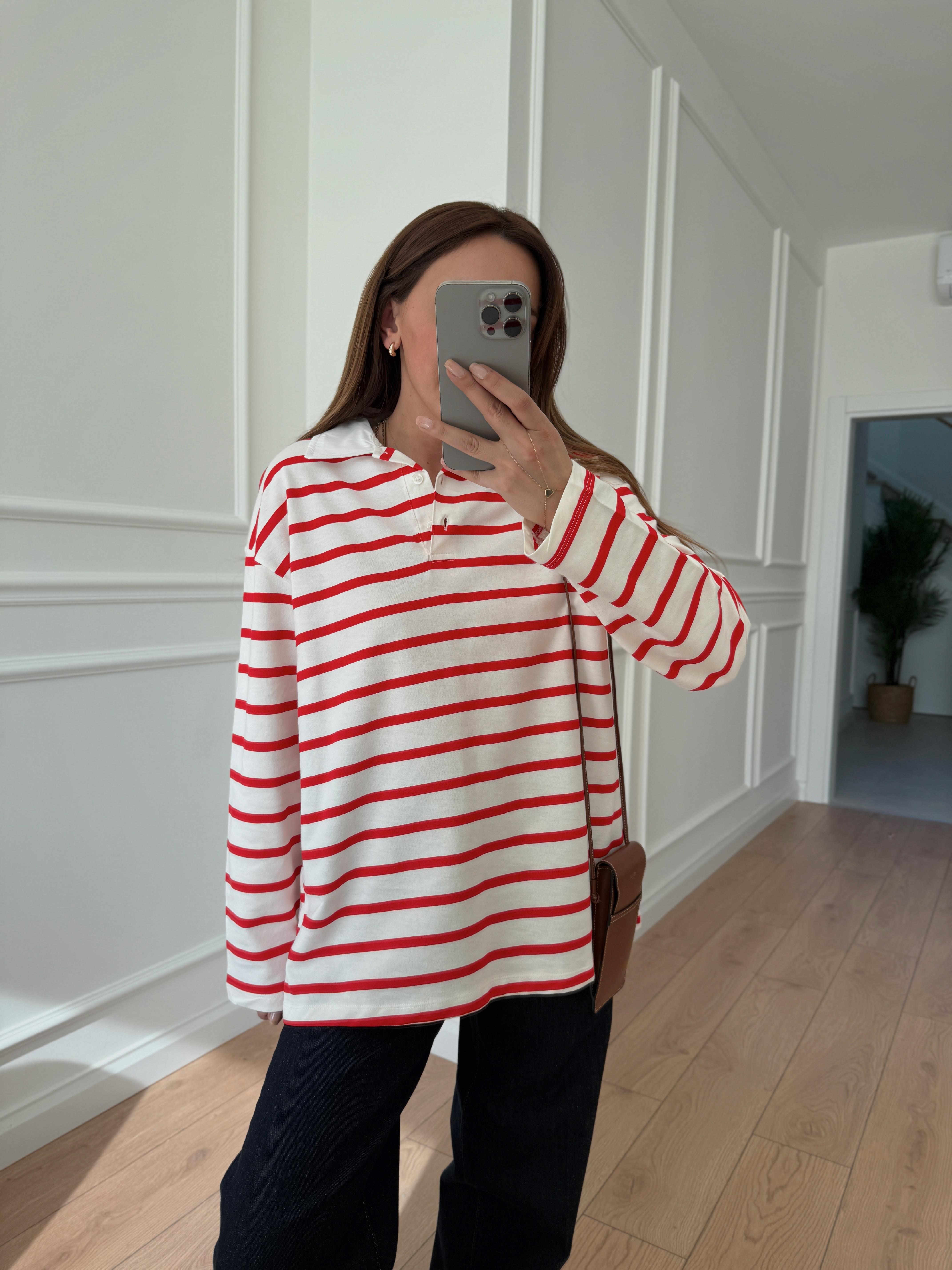 1115 Polo Yaka Örme İnce Kırmızı Sweatshirt