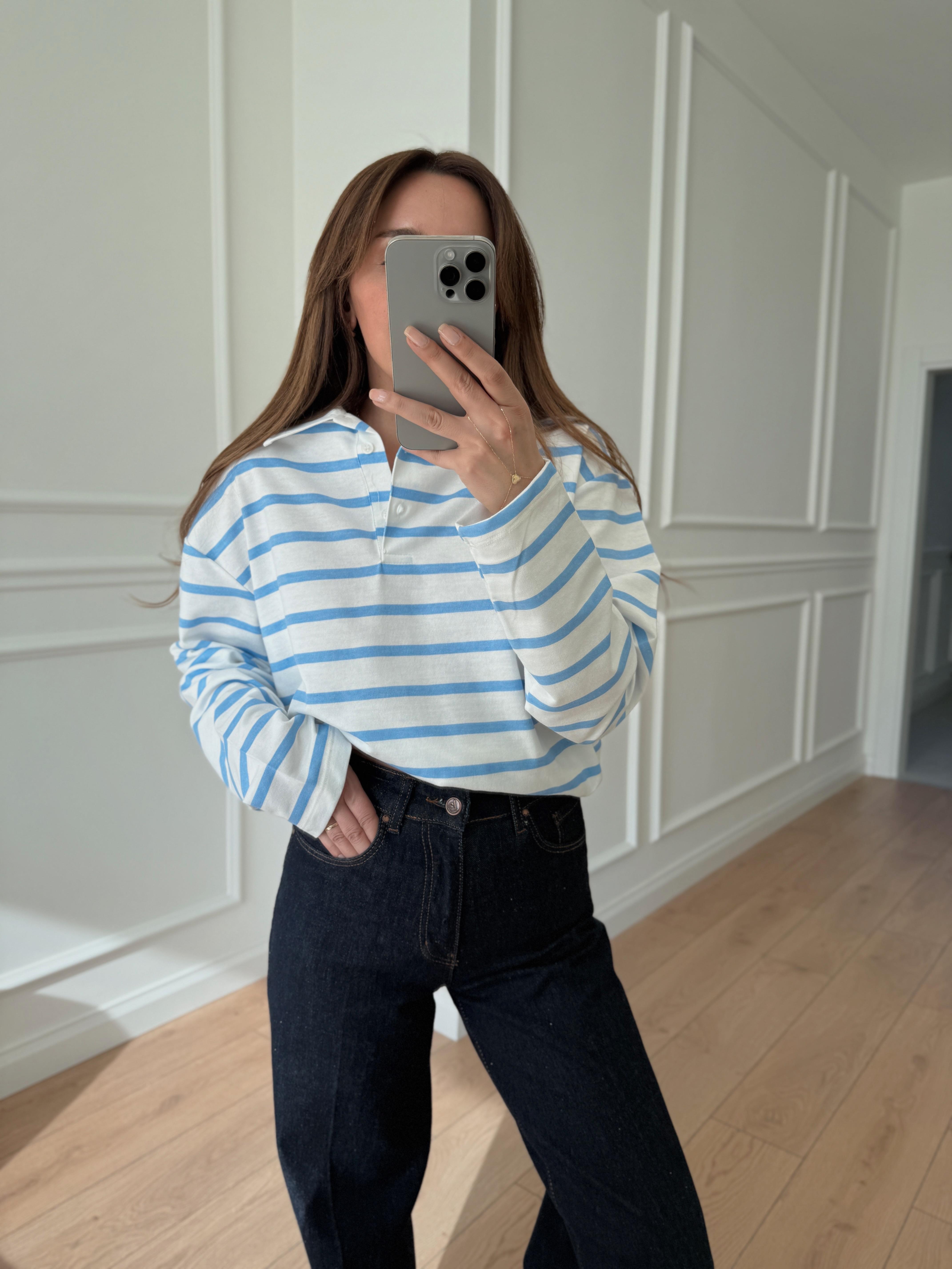 1115 Polo Yaka Örme İnce Mavi Sweatshirt