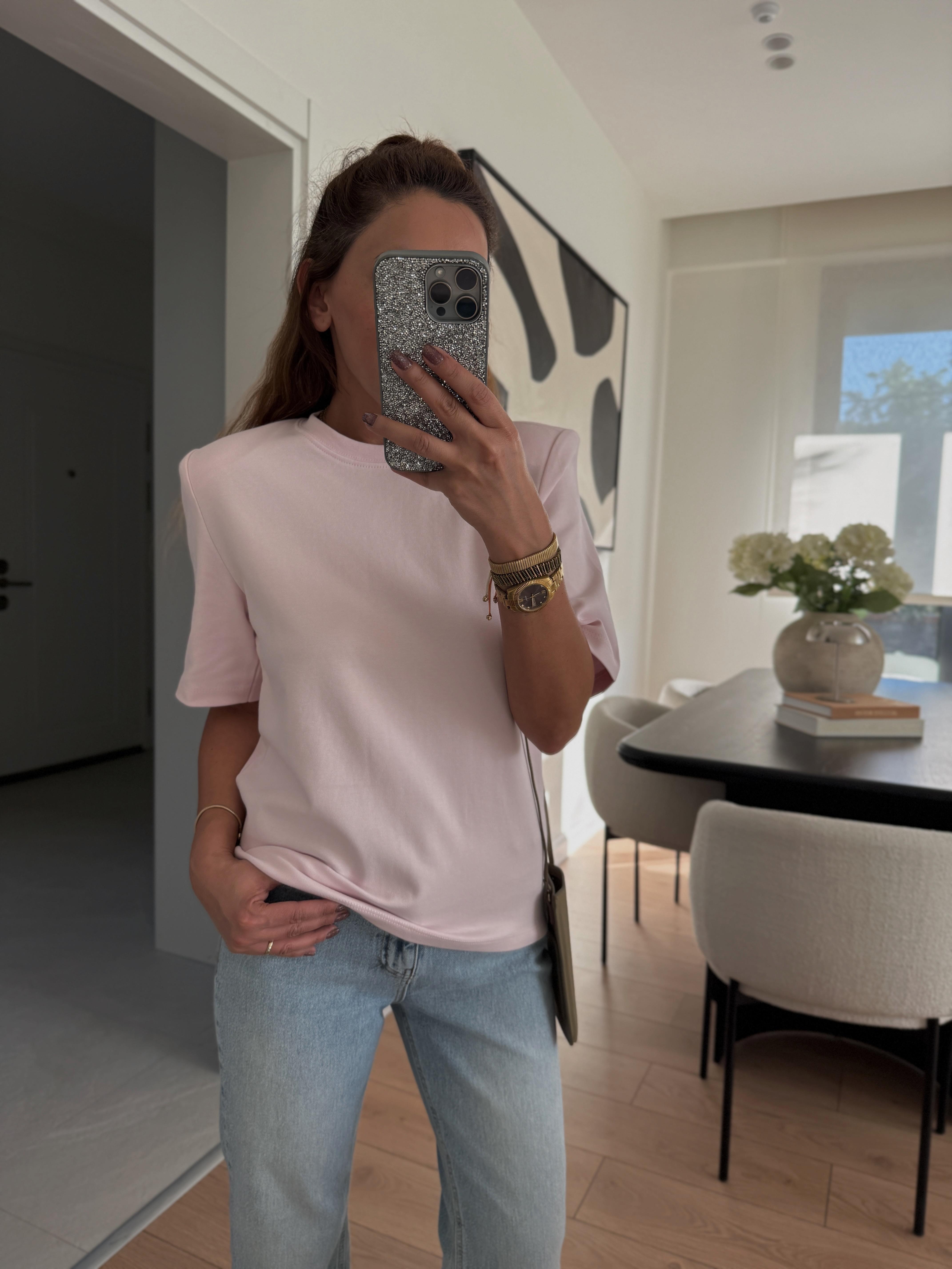 1134 Kısa Kol Vatkalı Şeker Pembe Tişört