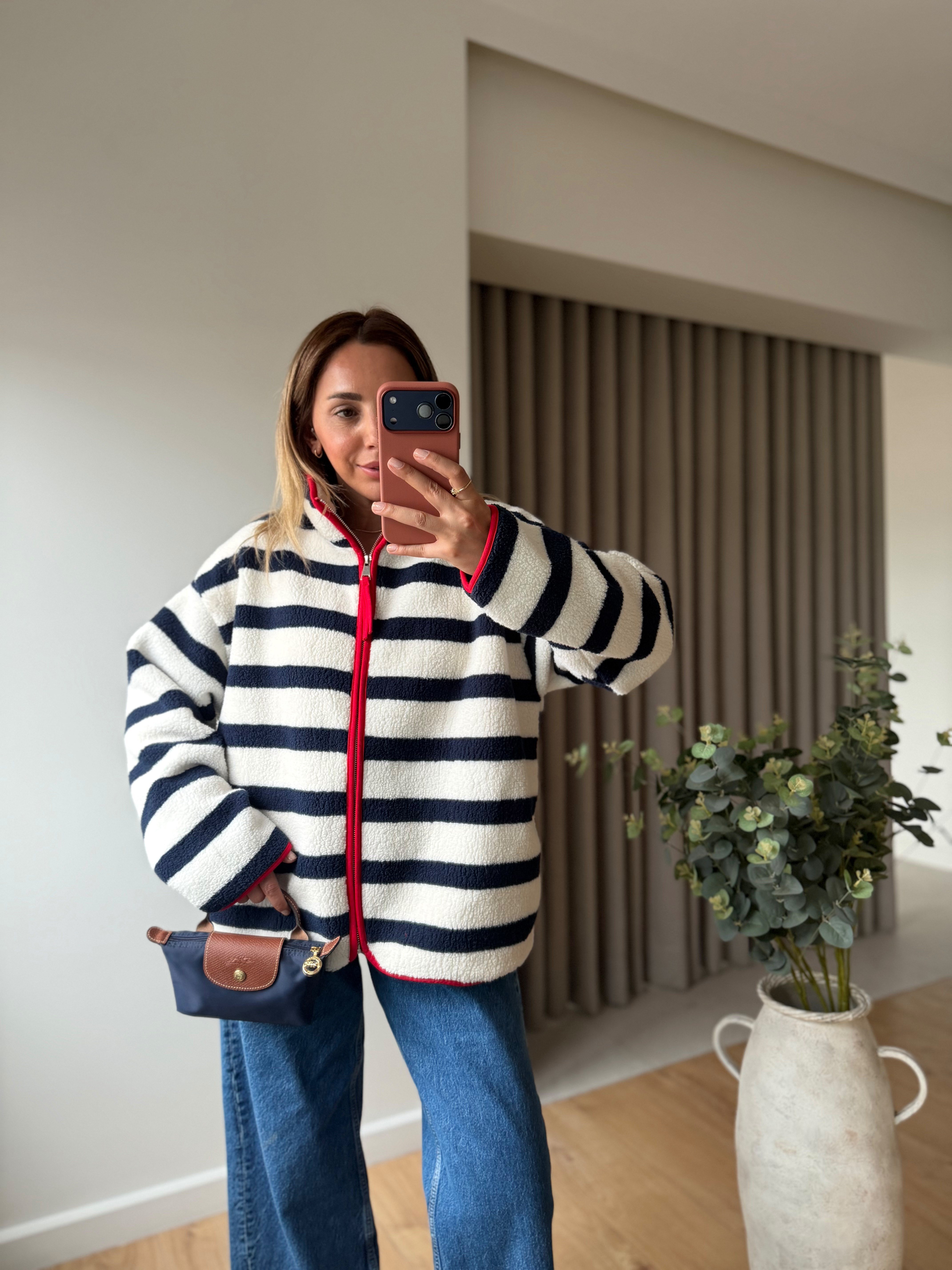 23306 Biyeli Lacivert Çizgili Polar Ceket
