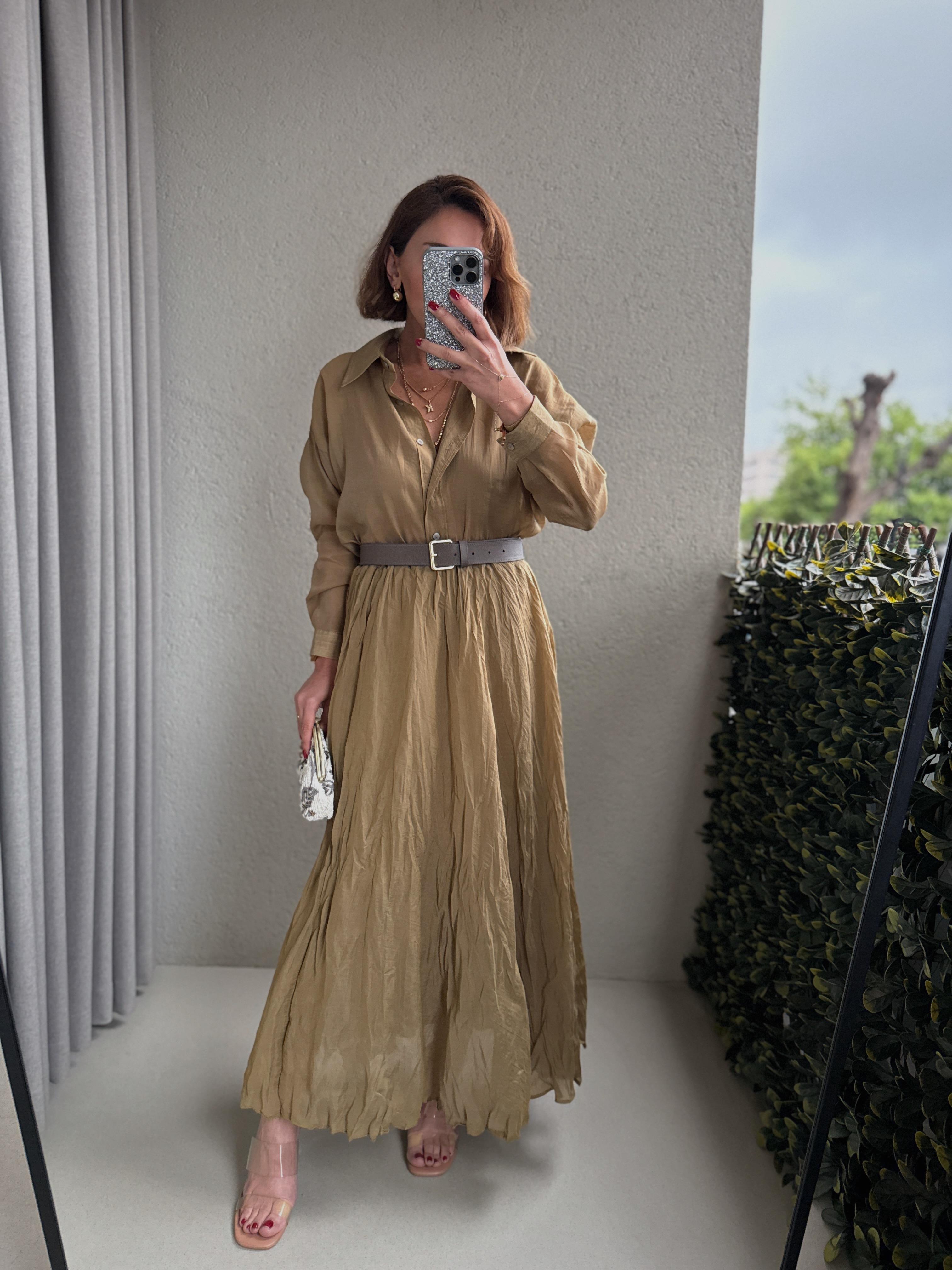 3207 Kırışık Midi Olive Etek
