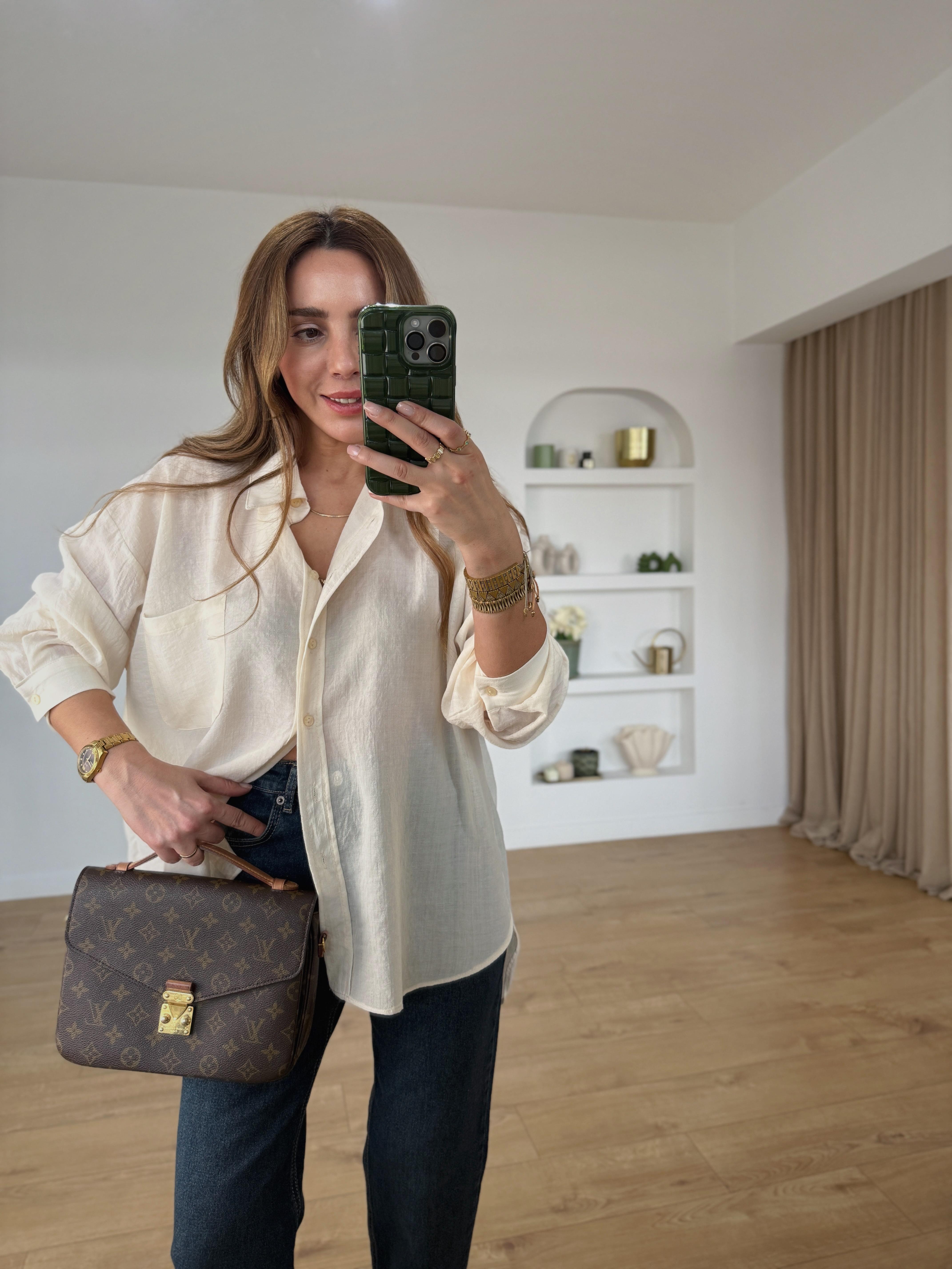 4846 Ekru Oversize Cepli Gömlek