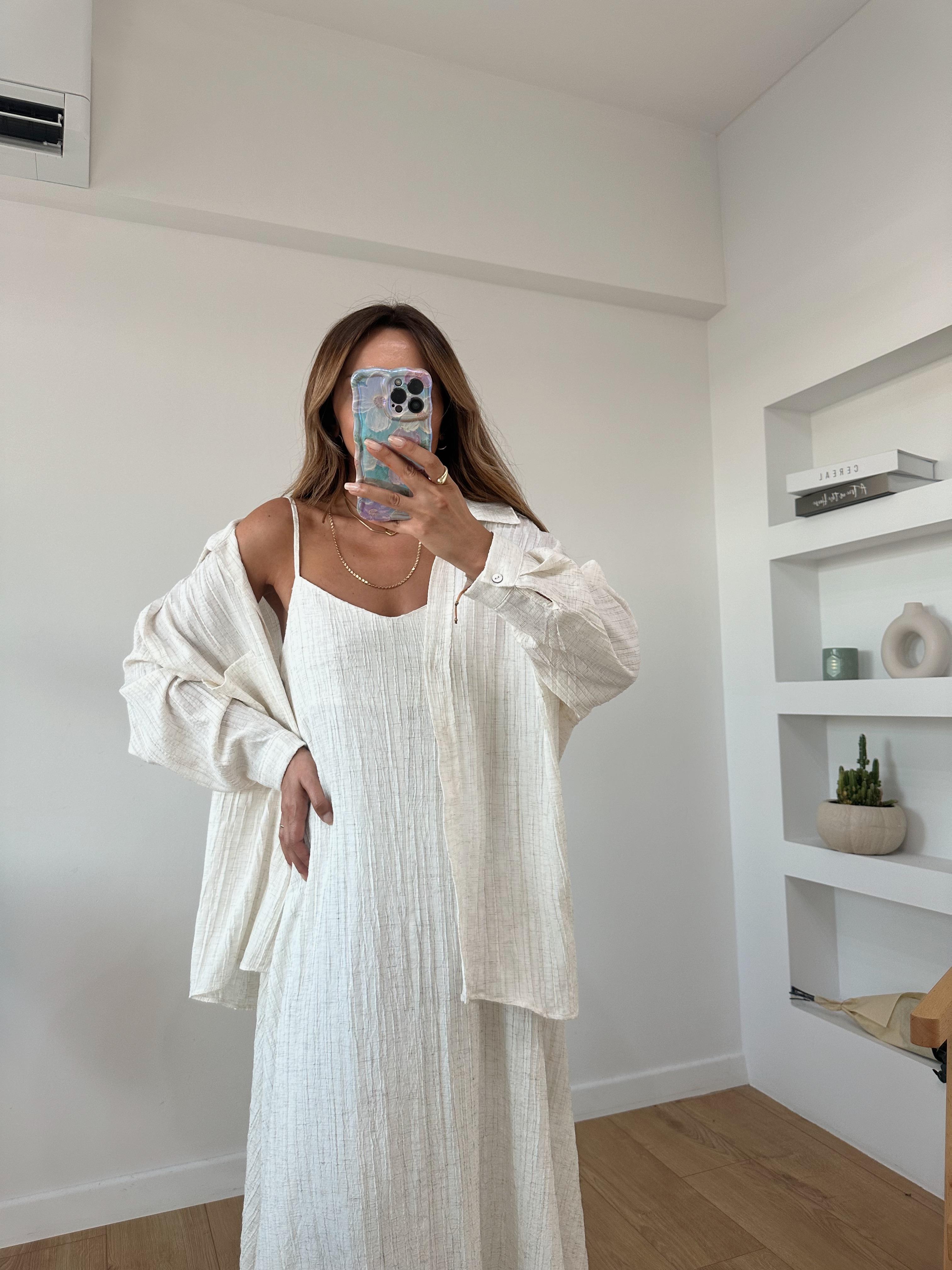 4854 Molly Keten Oversize Düşük Omuzlu Gömlek
