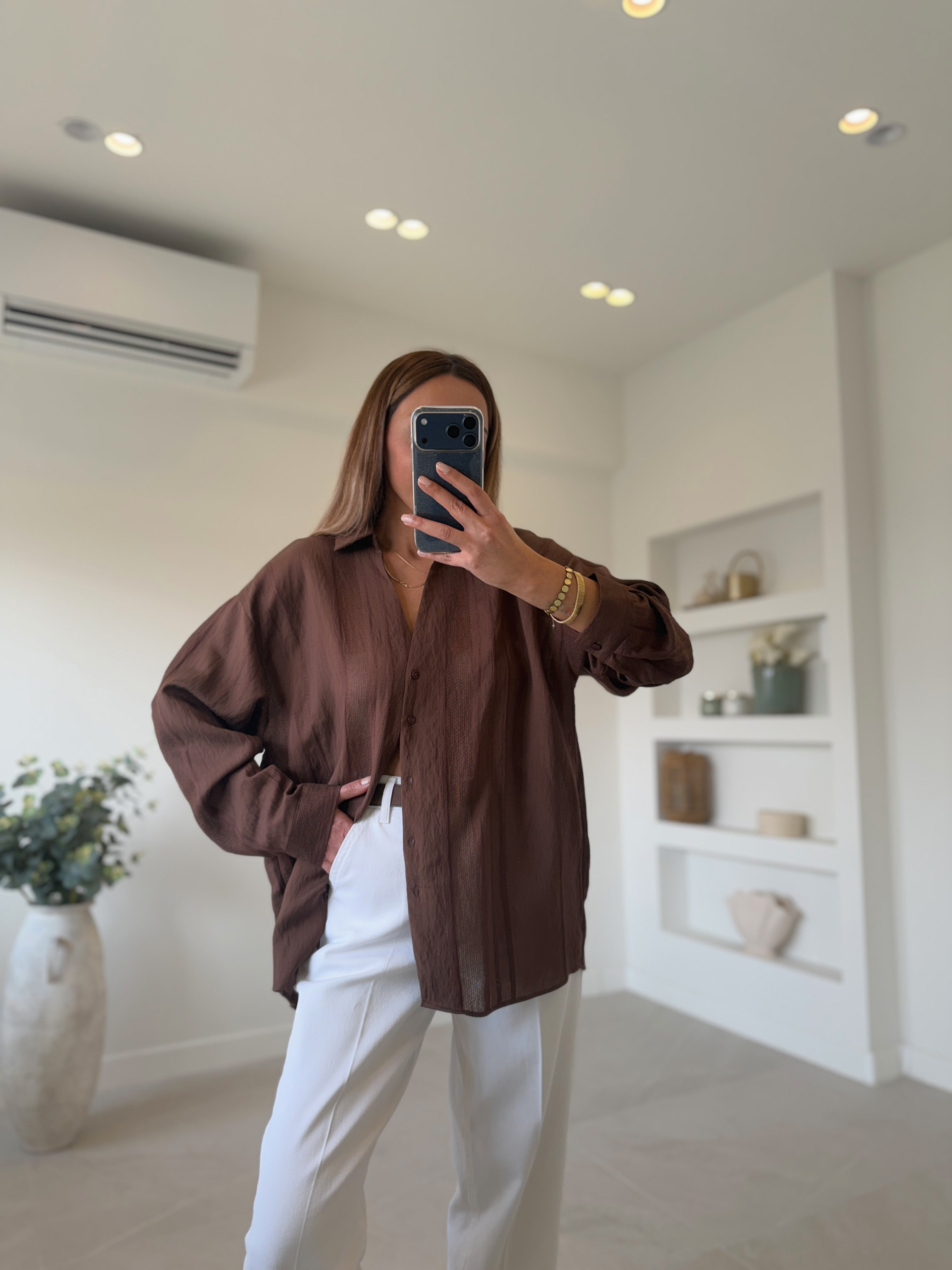4914 Kahve Premium Dokulu Transparan Gömlek