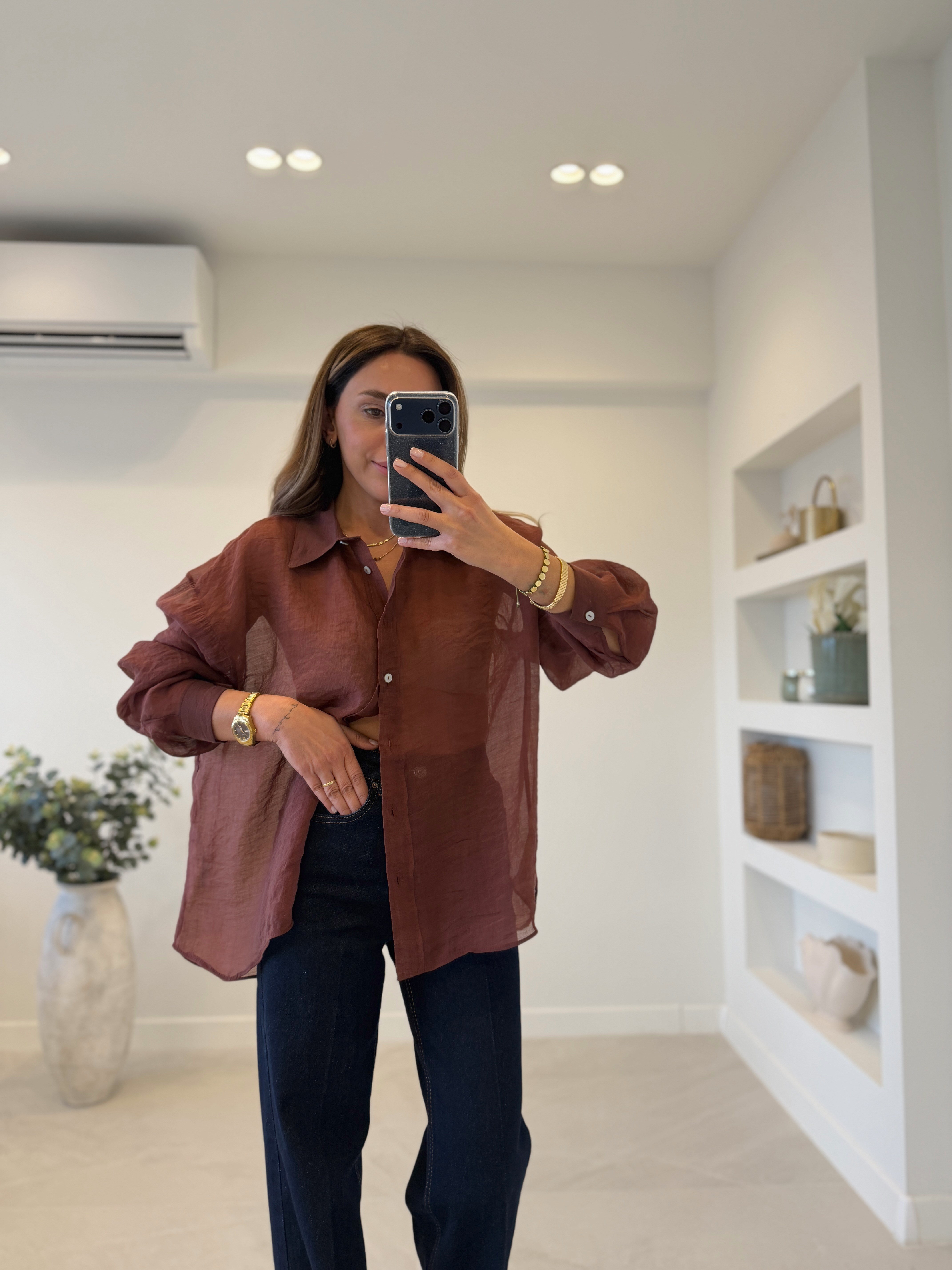 4924 Tarçın Oversize İpeksi Gömlek
