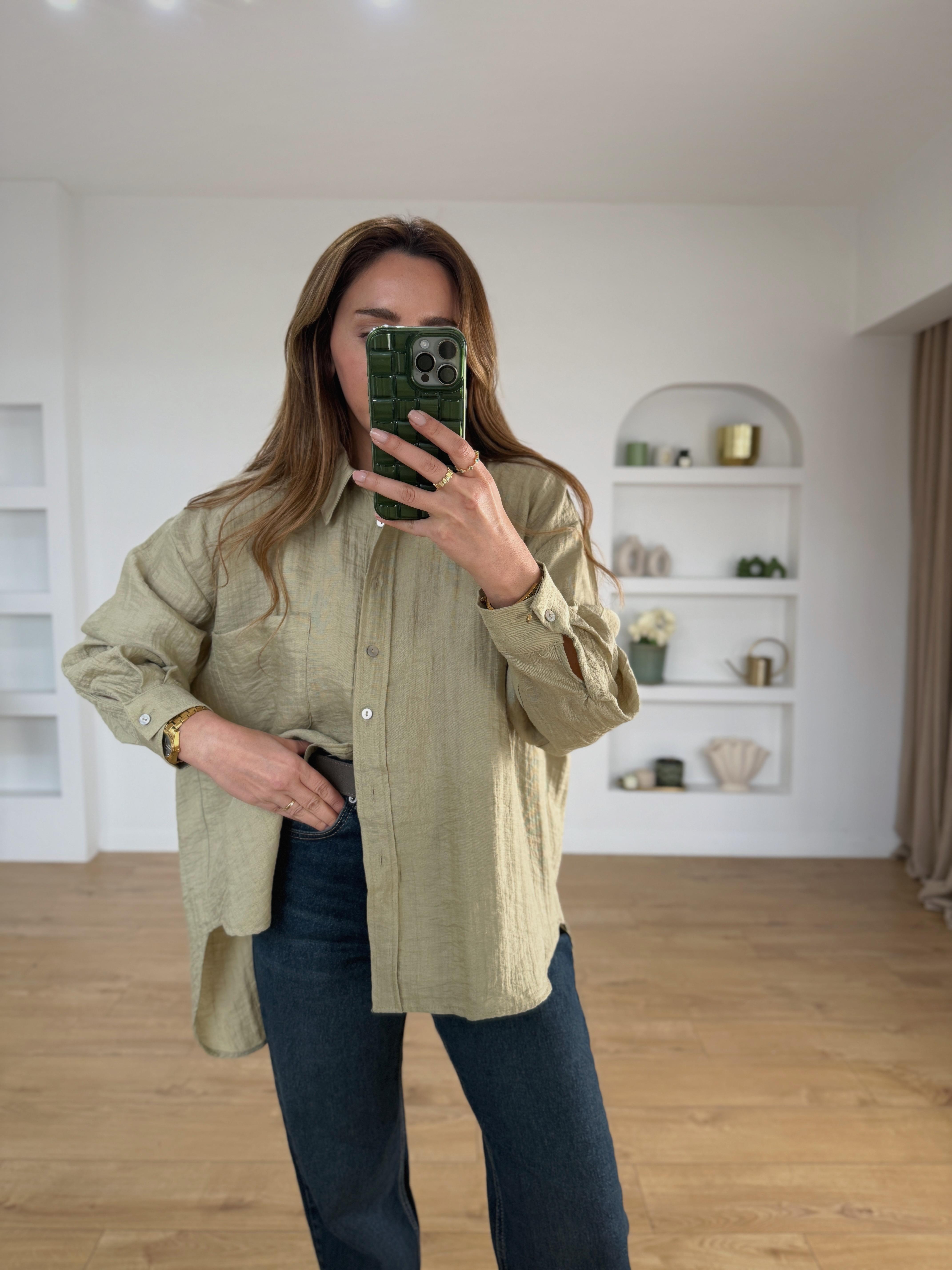 4950 Oversize Keten Dokulu Su Yeşili Gömlek
