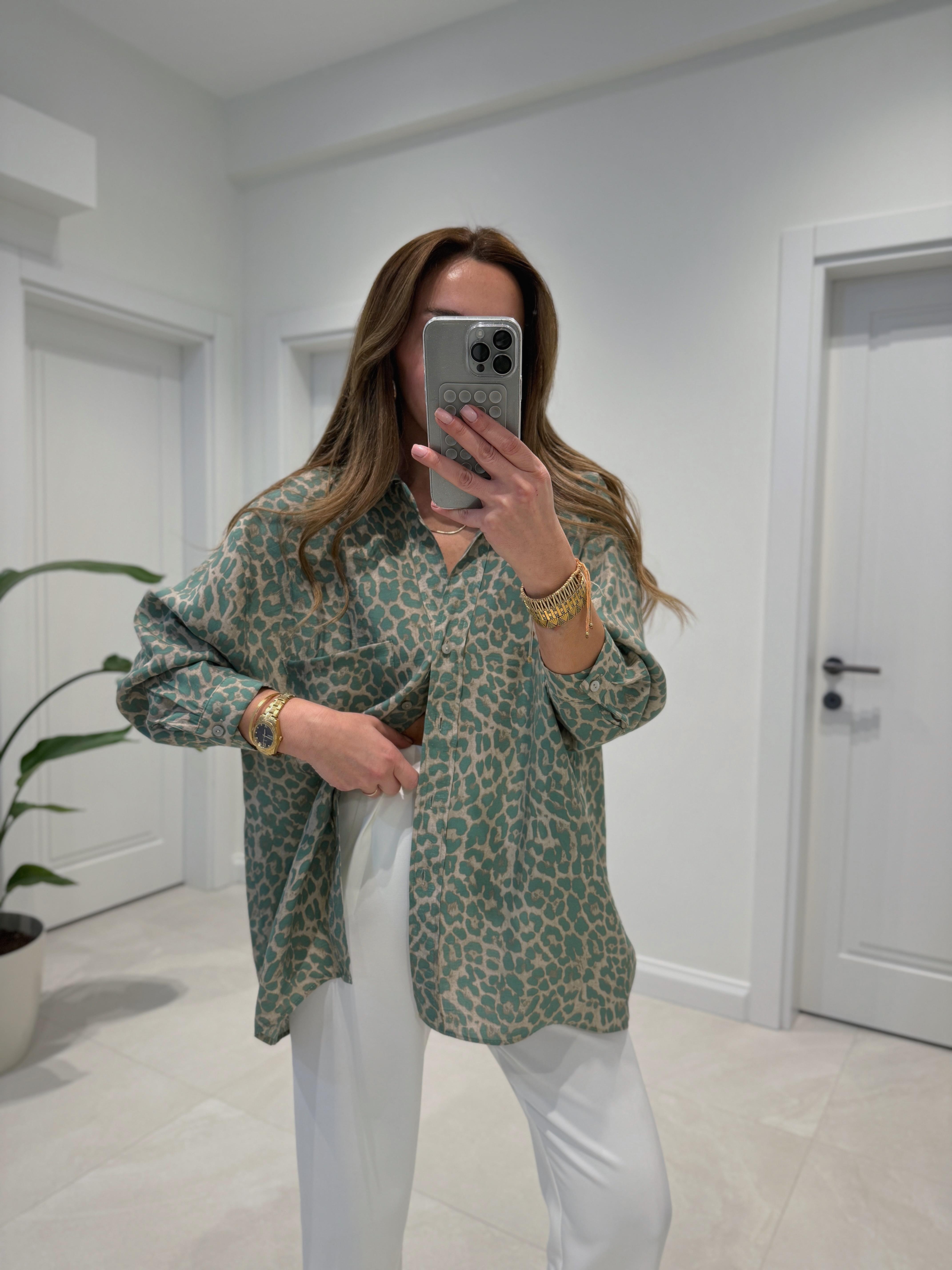 4954 Oversize Leopar Desen Yeşil Gömlek