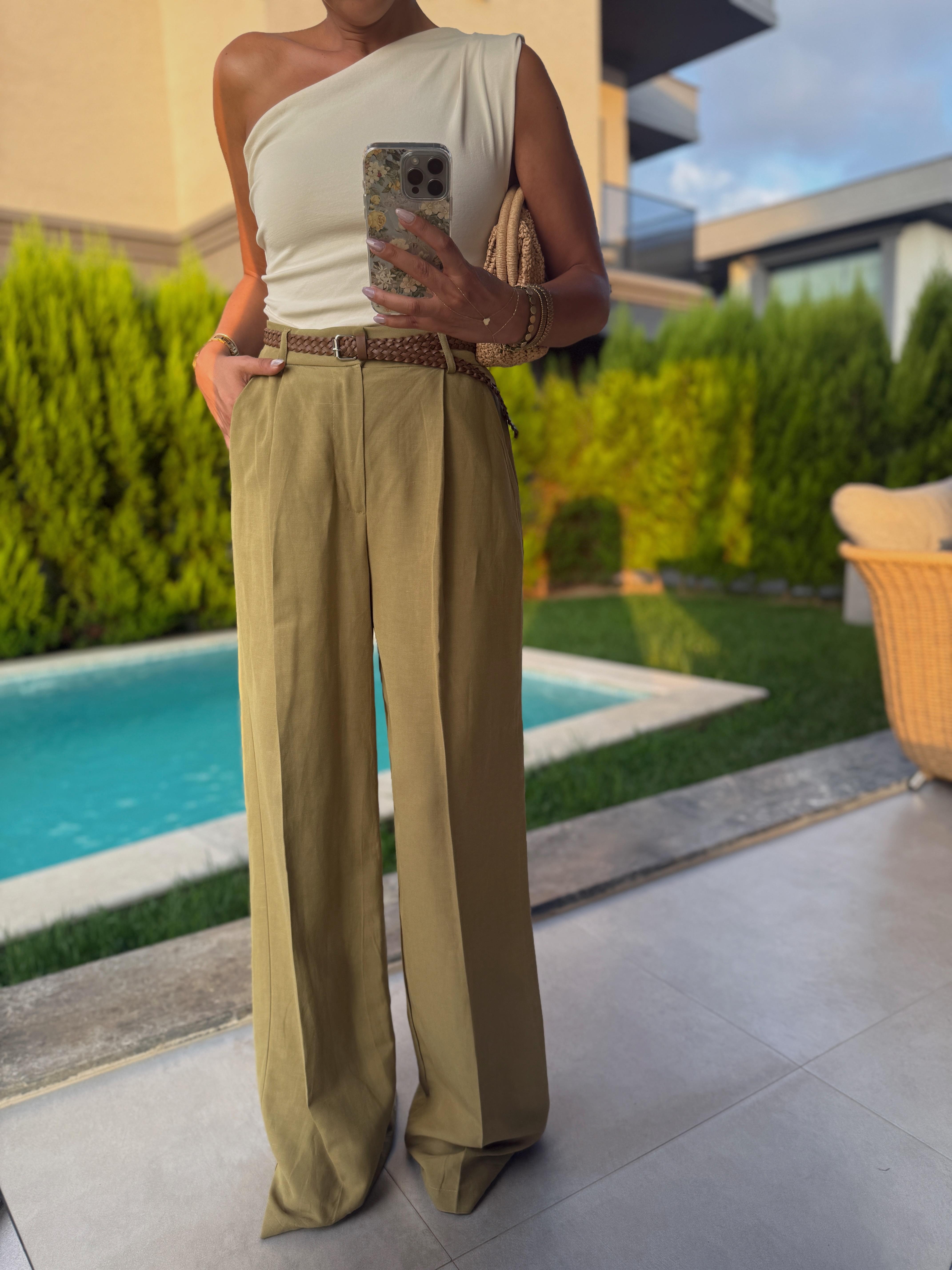 51150 Kemerli Önü Pileli Haki Pantolon