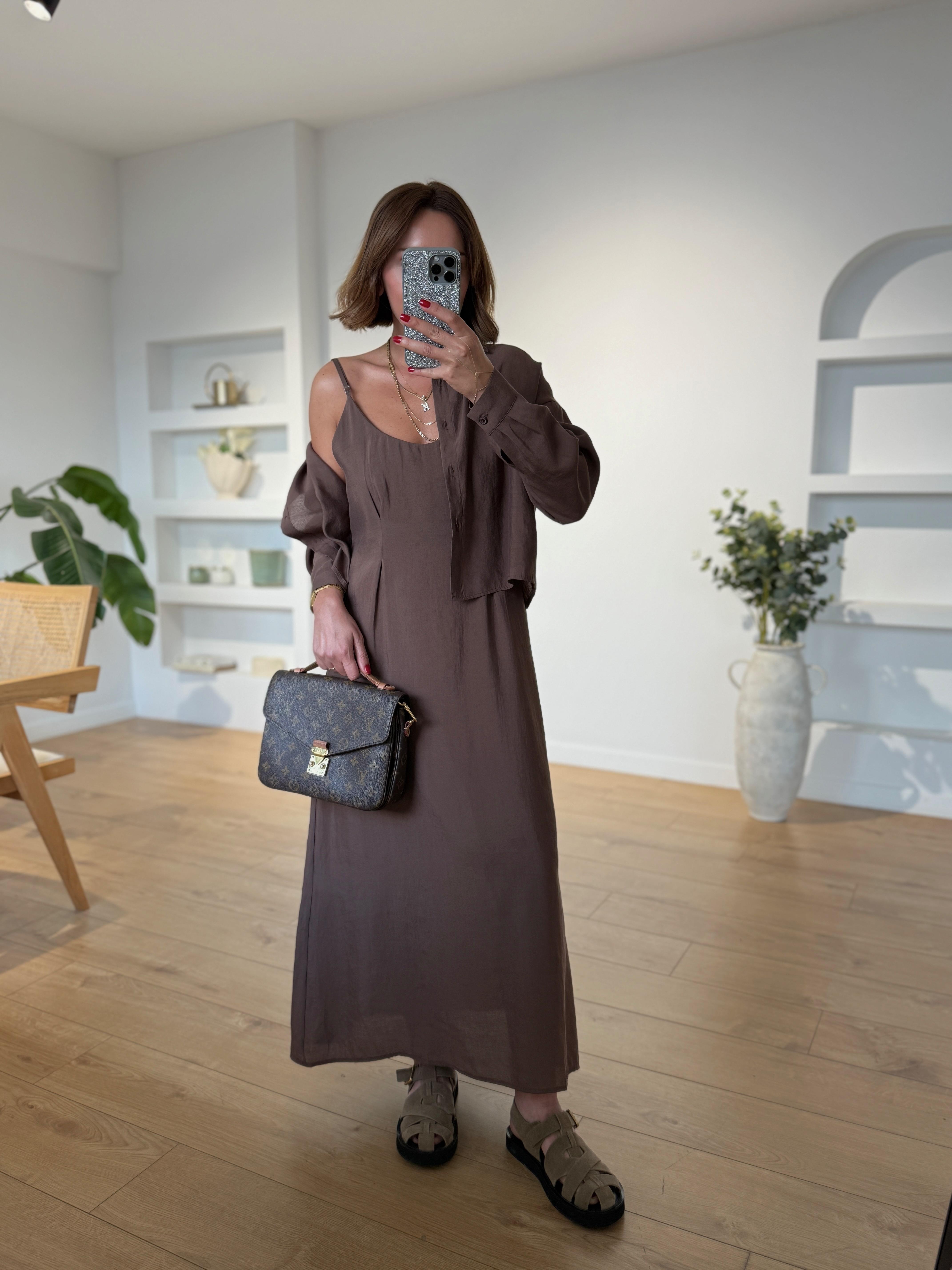 51153 Kahve Gömlek Elbise Takım